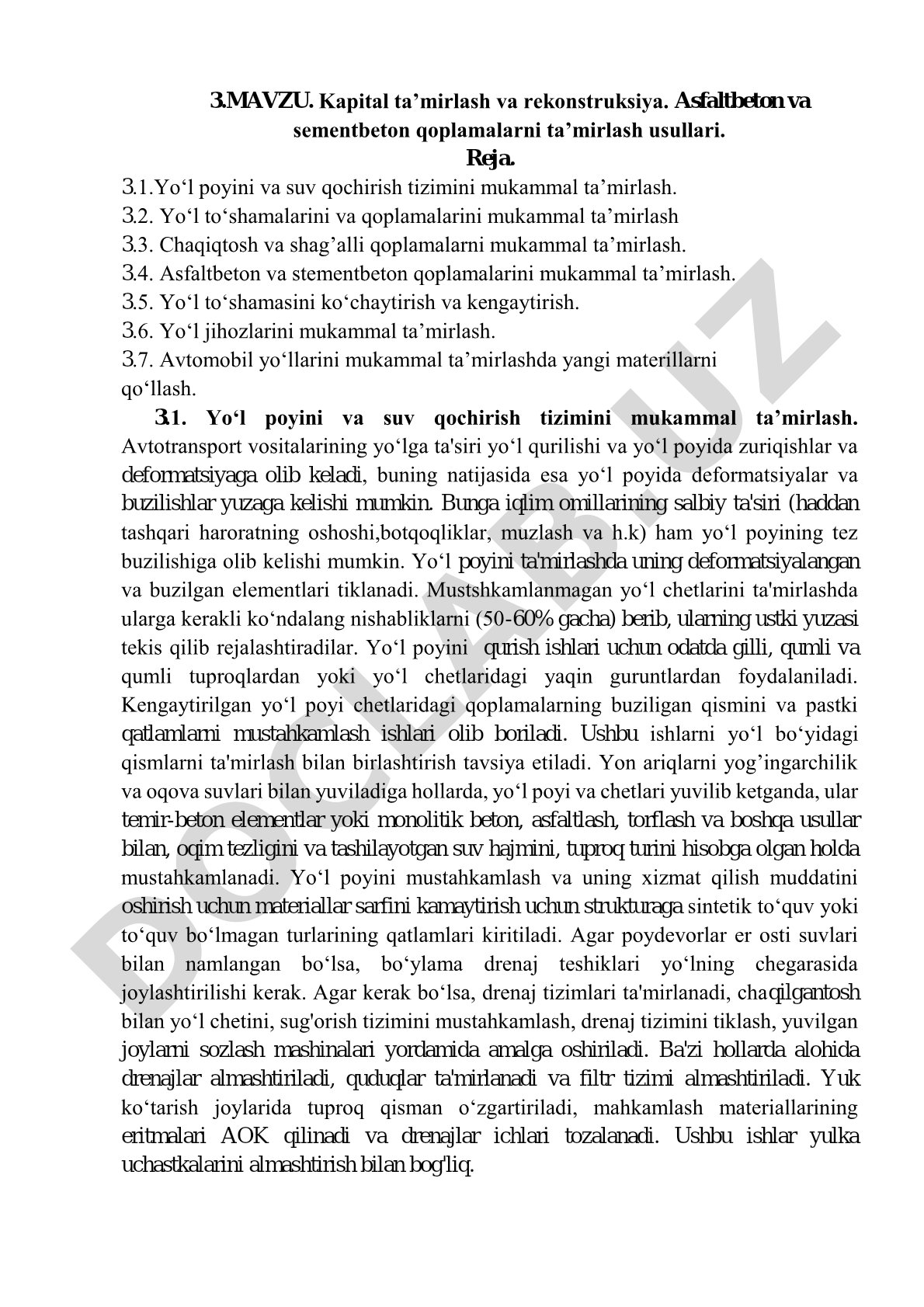 Kapital ta'mirlash va rekonstruksiya. Asfaltbeton va sementbeton qoplamalarni ta'mirlash usullari