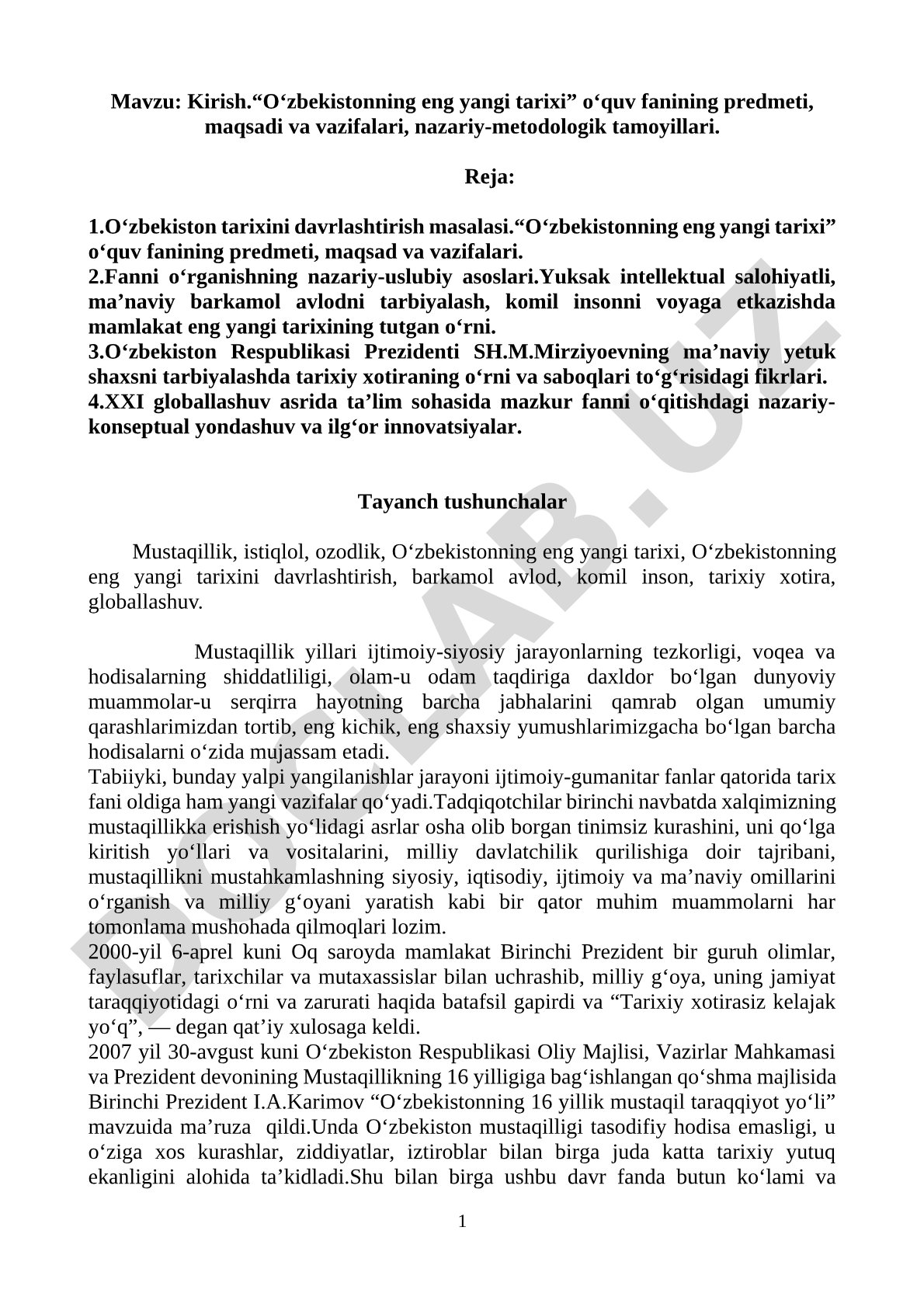 O‘zbekistonning eng yangi tarixi o‘quv fanining predmeti, maqsadi va vazifalari