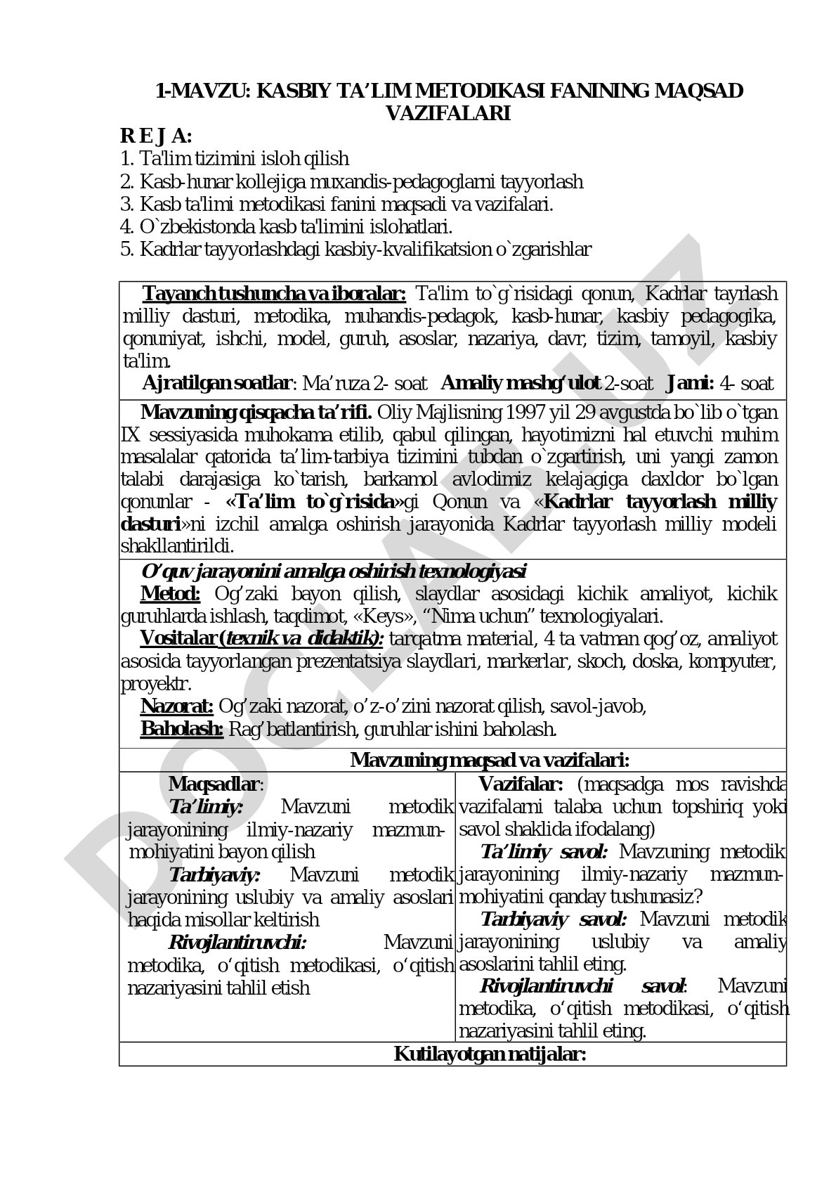 Kasbiy ta’lim metodikasi fanining maqsad va vazifalari