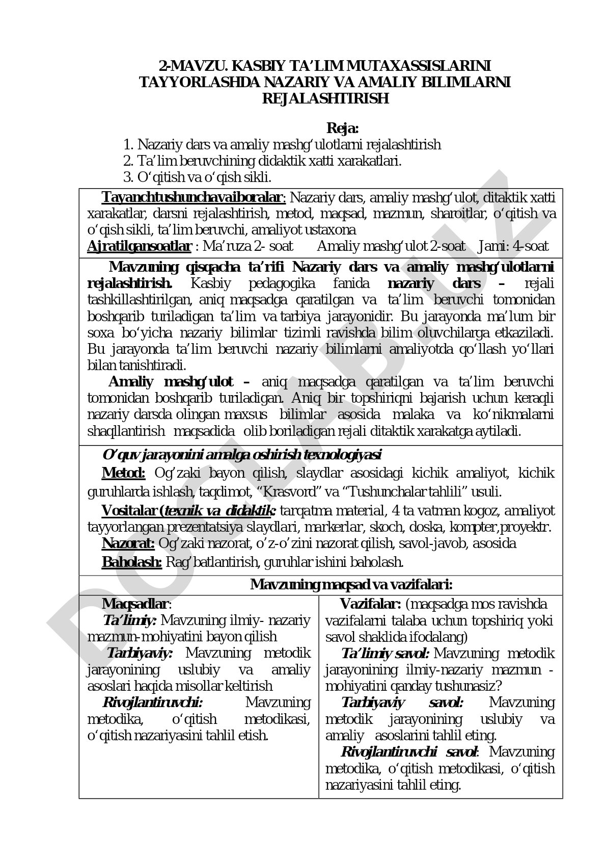 Kasbiy ta’lim mutaxassislarini tayyorlashda nazariy va amaliy bilimlarni rejalashtirish