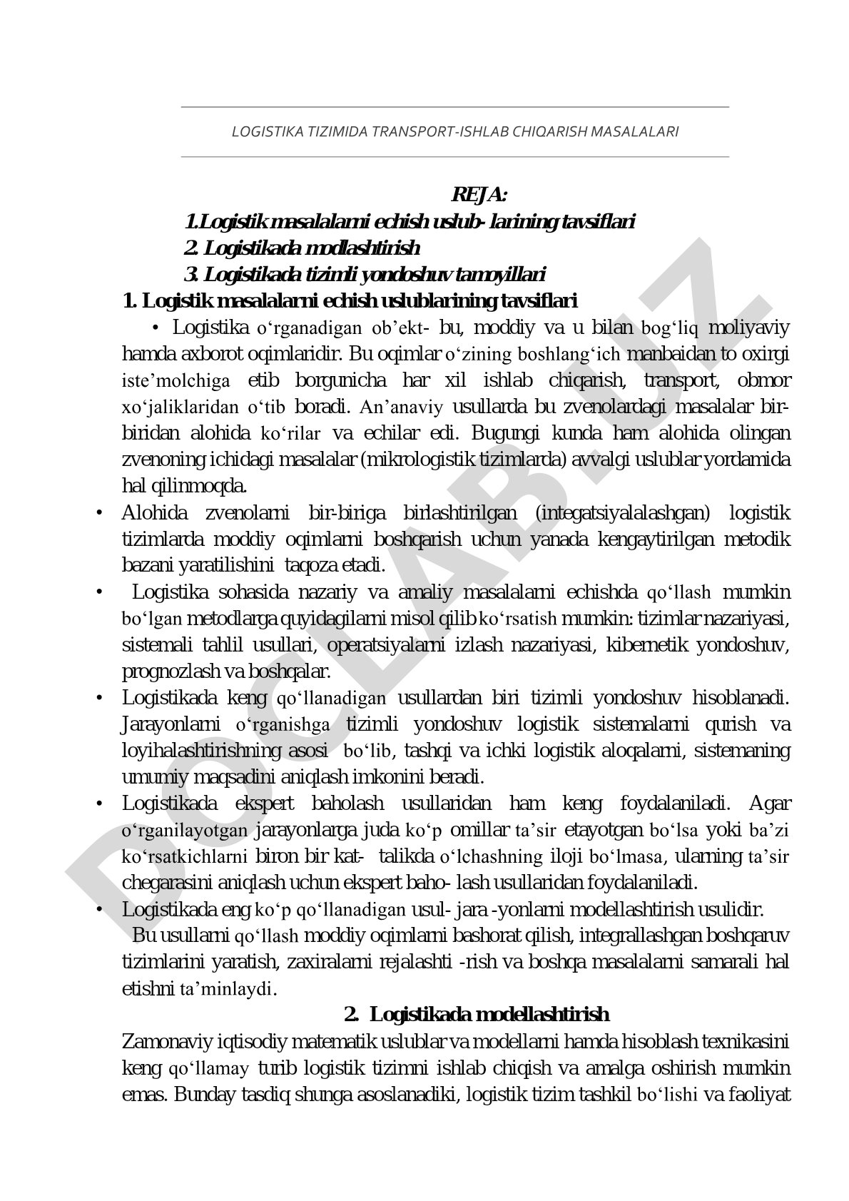 Logistika tizimida transport-ishlab chiqarish masalalari