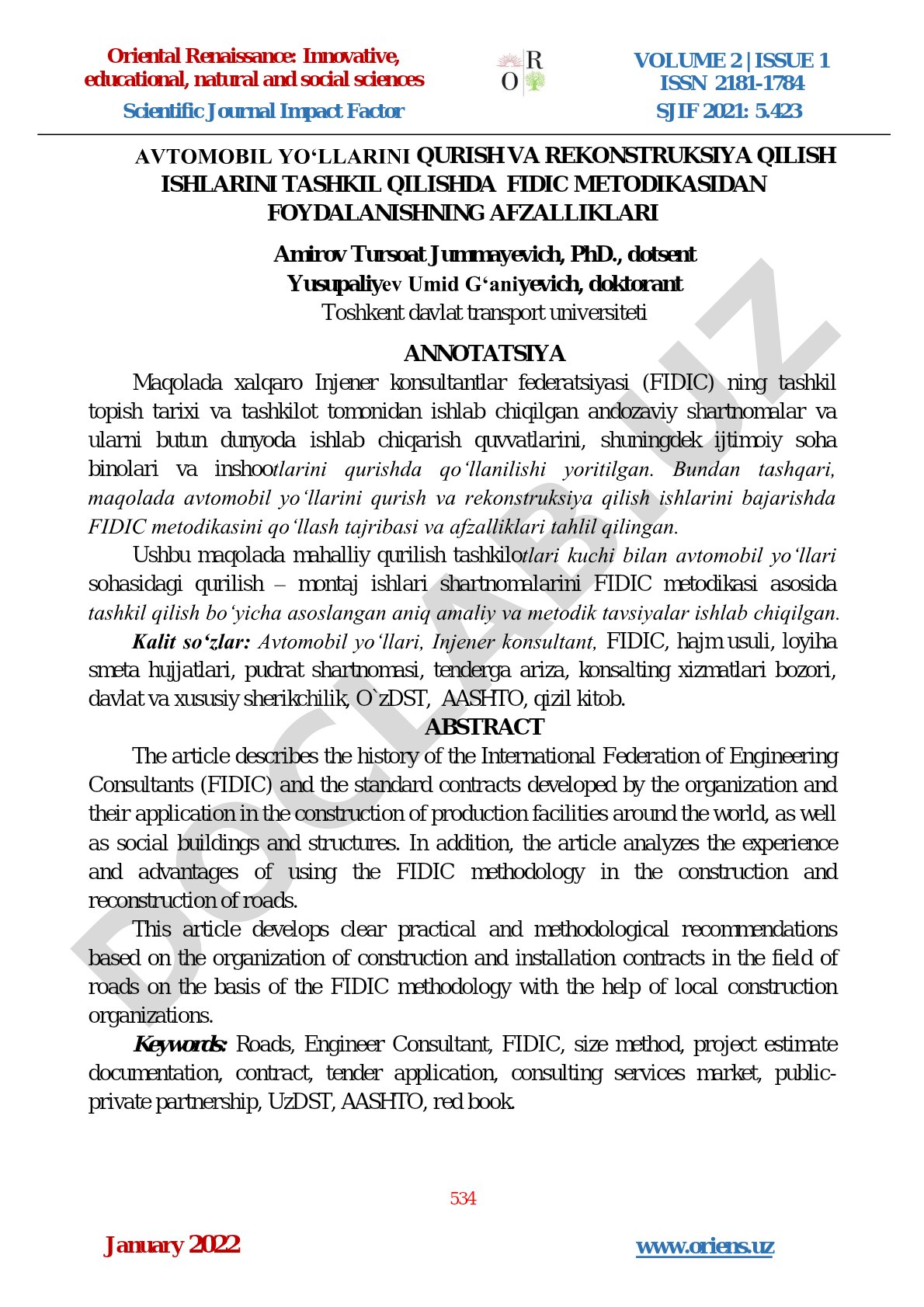 Avtomobil yo‘llarini qurish va rekonstruksiya qilish ishlarini tashkil qilishda FIDIC metodikasidan foydalanishning afzalliklari