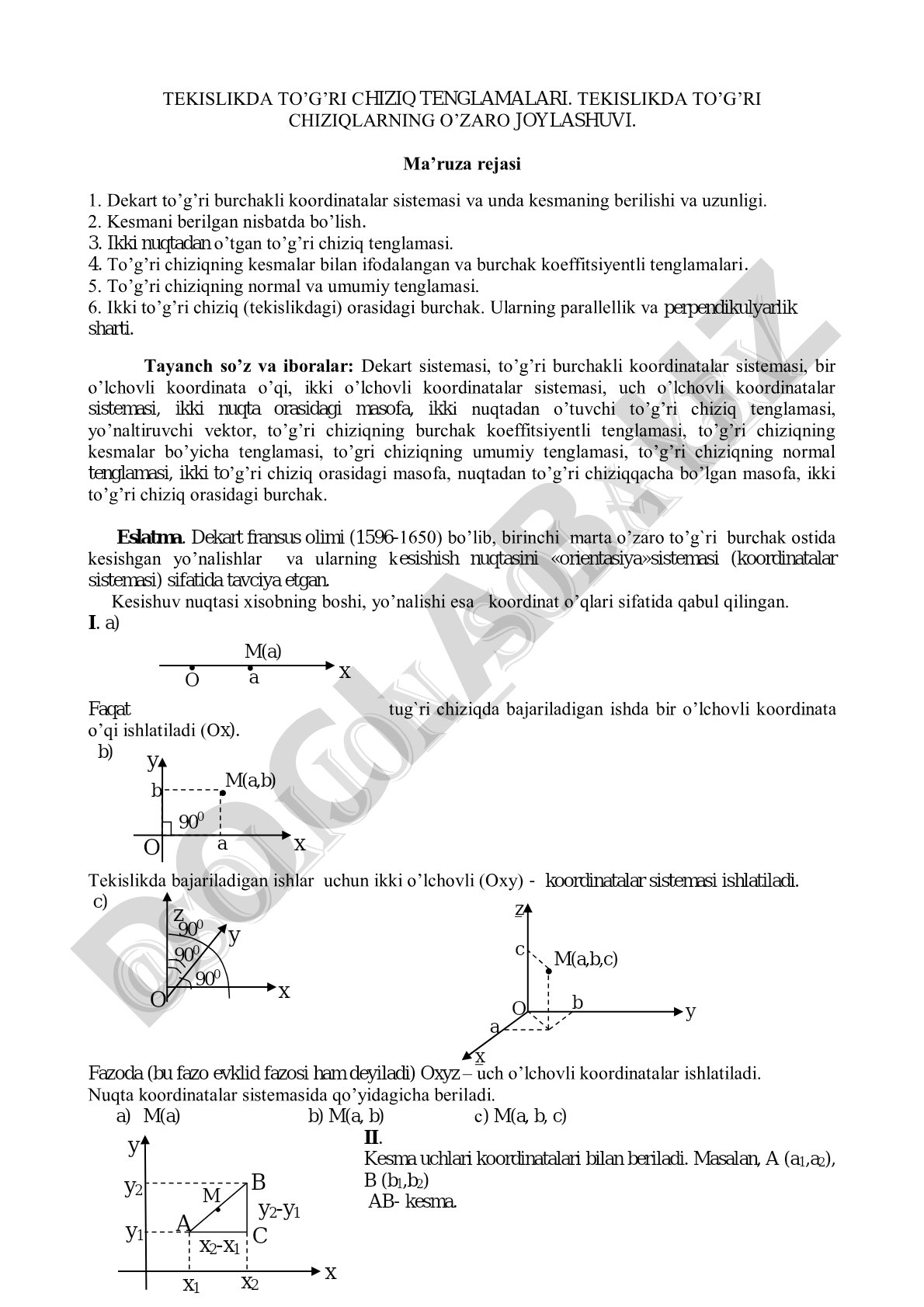 Tekislikda to'g'ri chiziq tenglamalari va ularning o'zaro joylashuvi