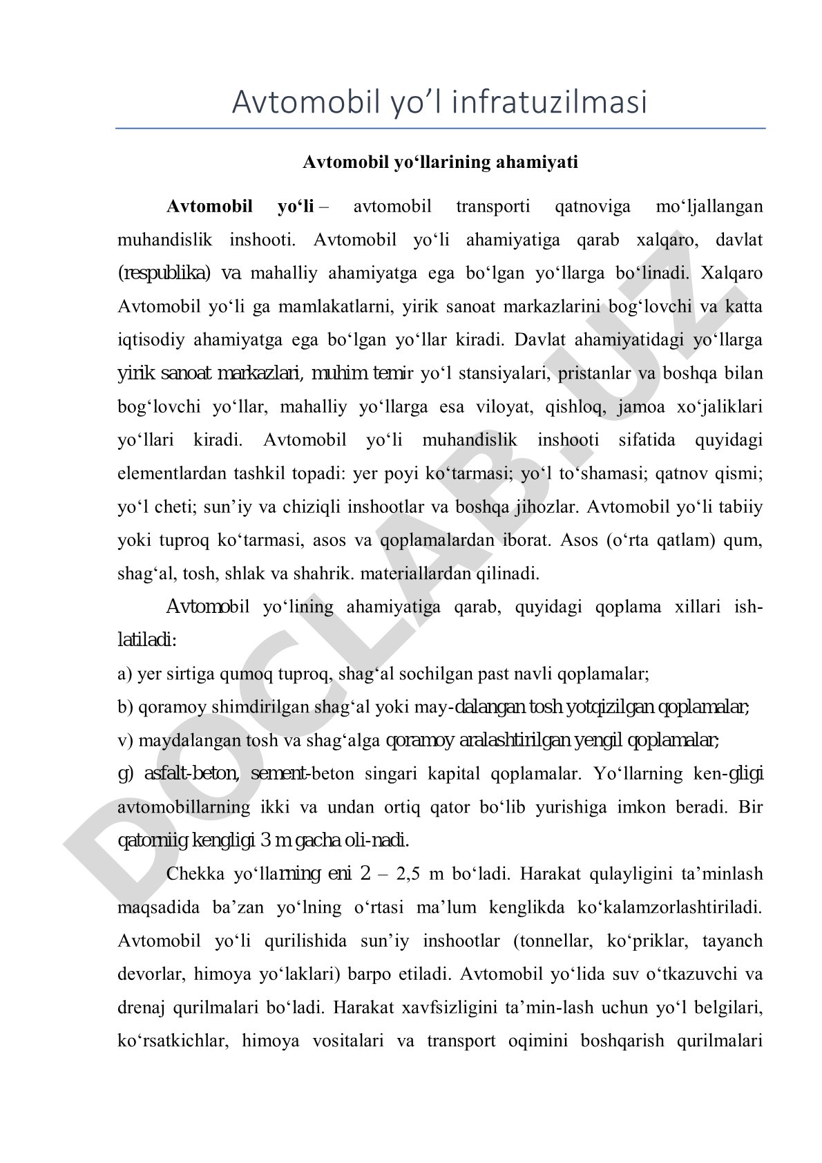 Avtomobil yo'l infratuzilmasi va uning elementlari