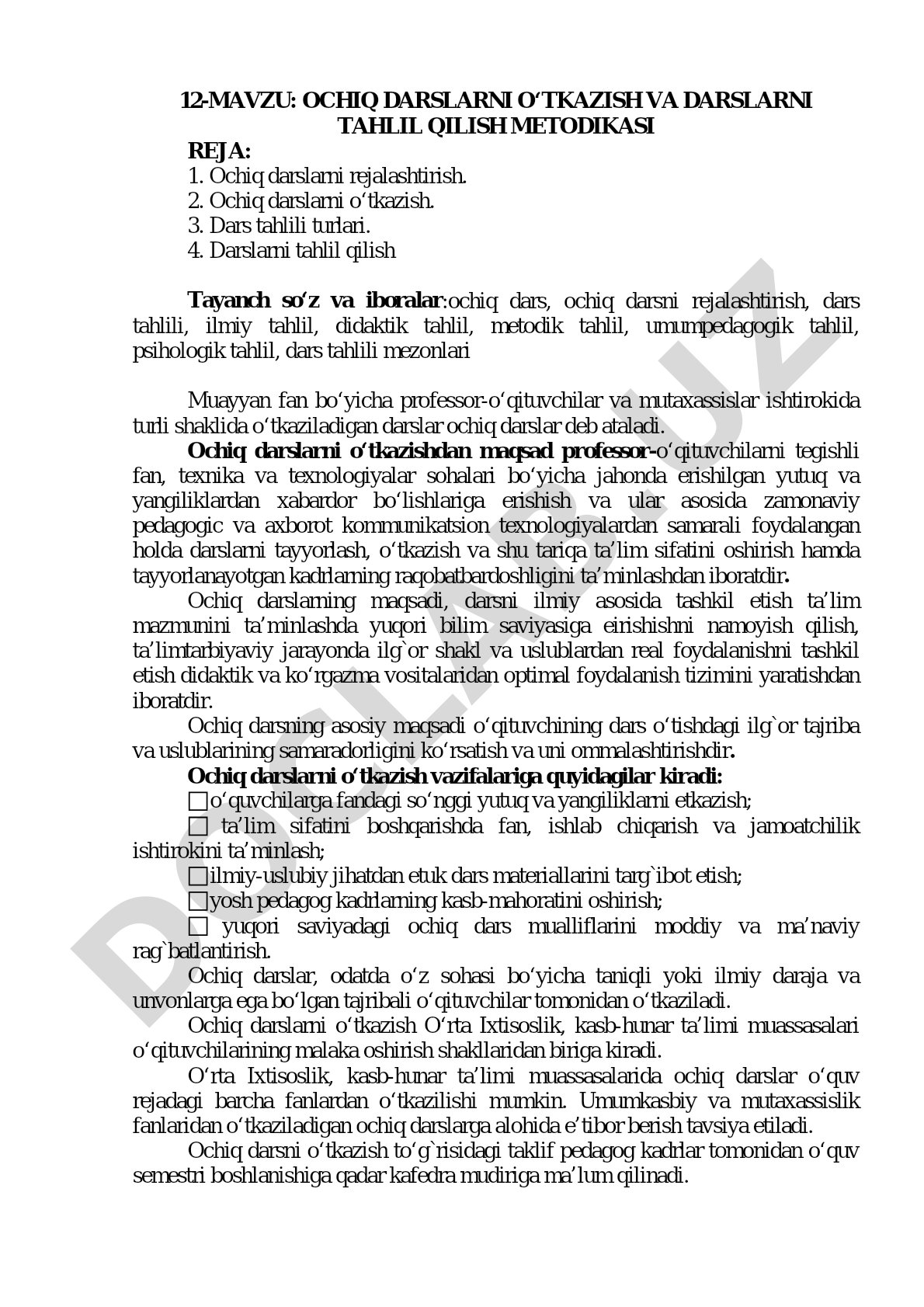 Ochiq darslarni o‘tkazish va darslarni tahlil qilish metodikasi