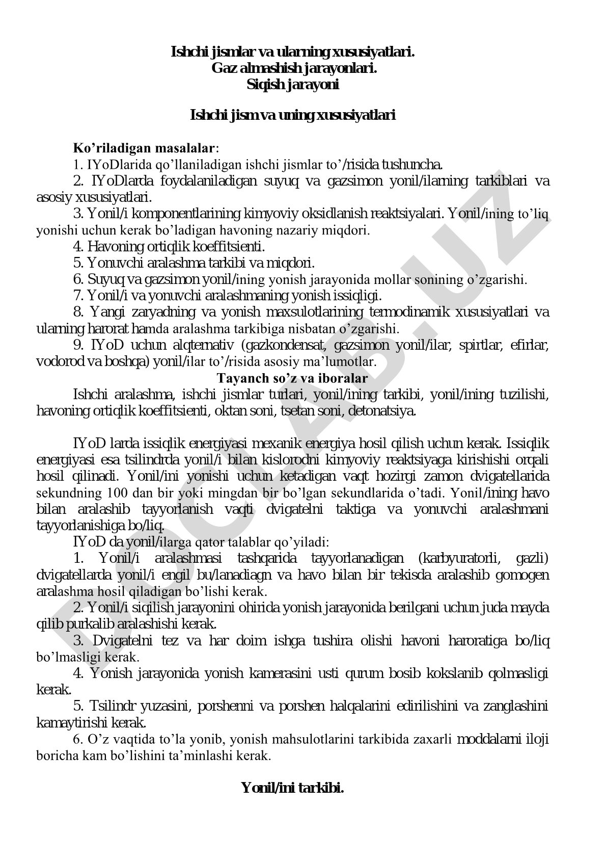 Ishchi jismlar va ularning xususiyatlari. Gaz almashish jarayonlari. Siqish jarayoni
