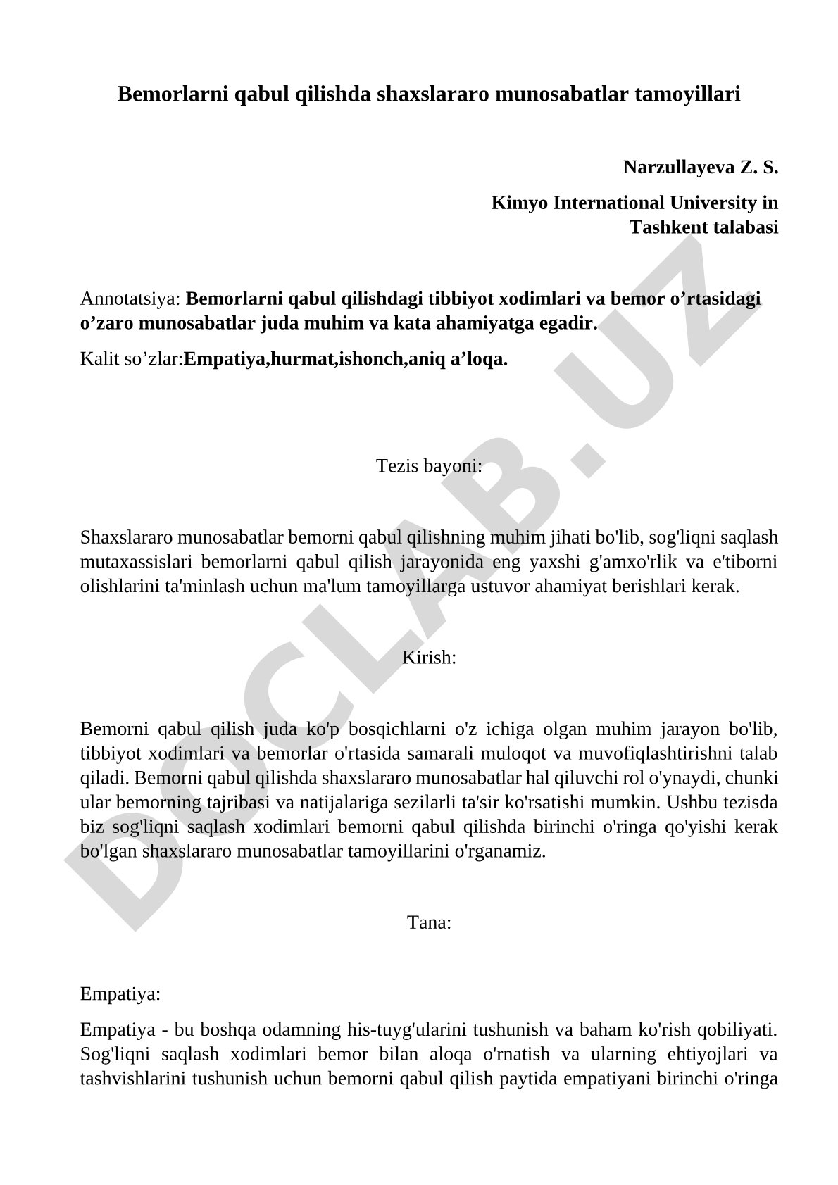 Bemorlarni qabul qilishda shaxslararo munosabatlar tamoyillari