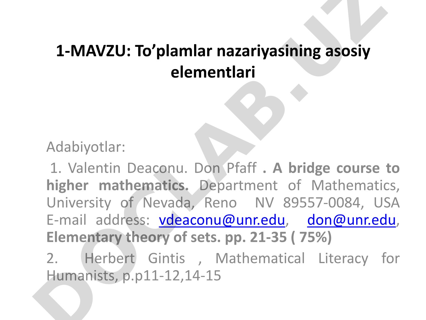 To'plamlar nazariyasining asosiy elementlari