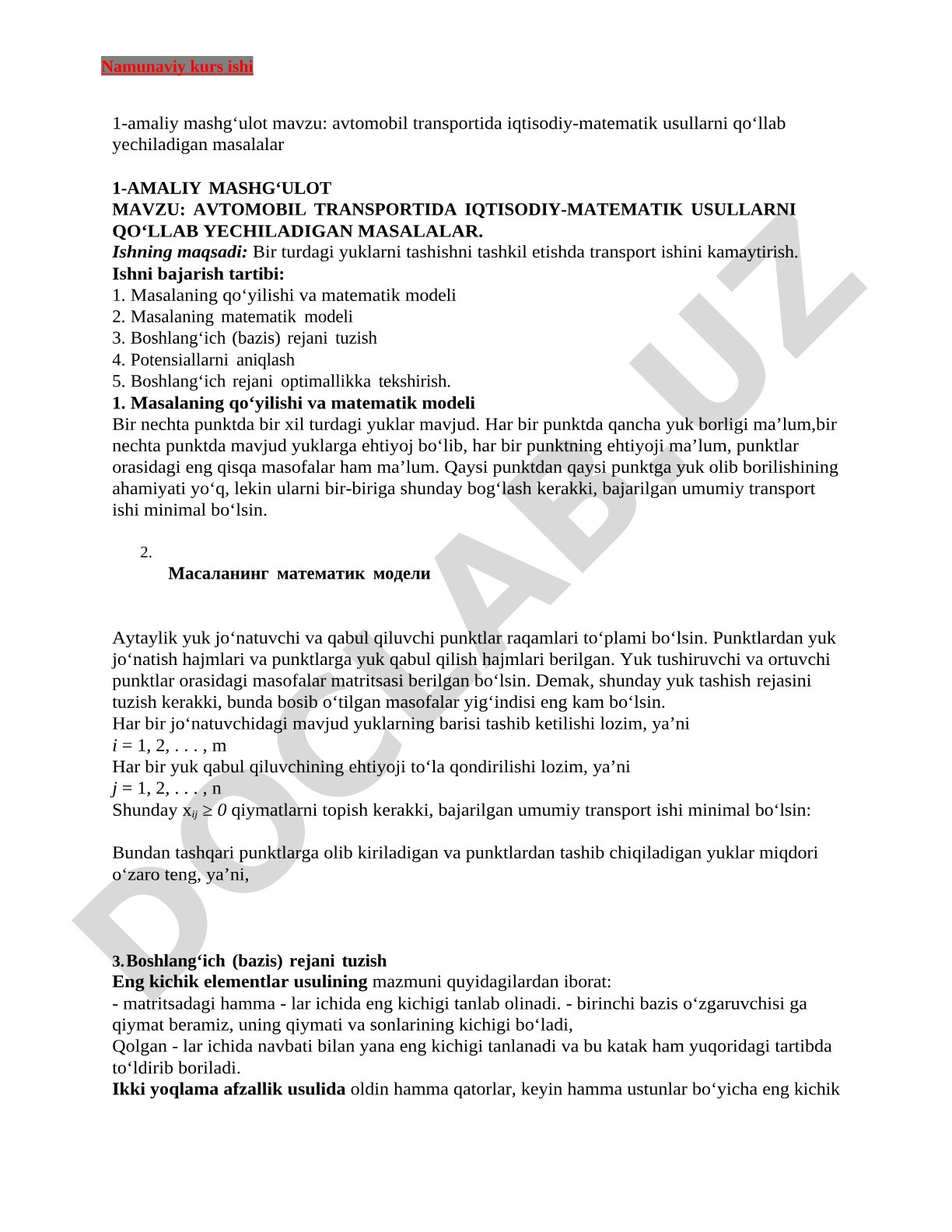 Avtomobil transportida iqtisodiy-matematik usullarni qo‘llab yechiladigan masalalar