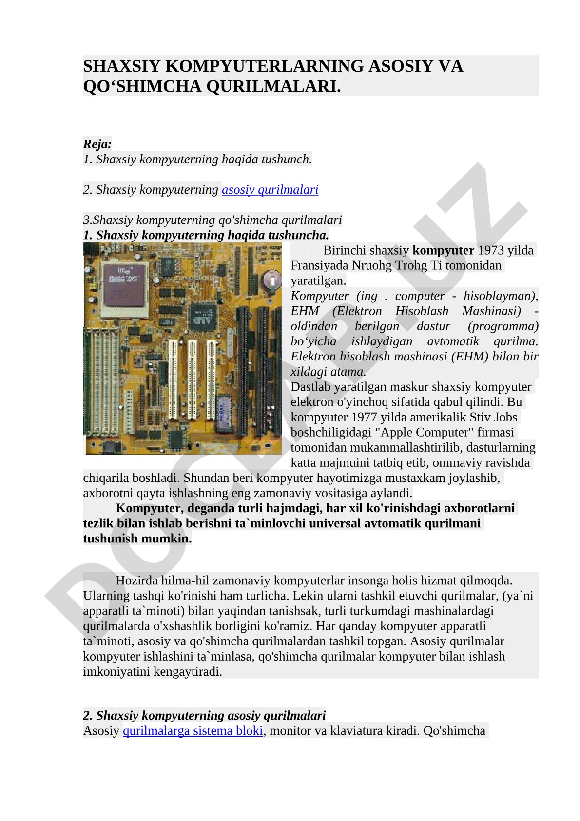 Shaxsiy kompyuterlarning asosiy va qo‘shimcha qurilmalari
