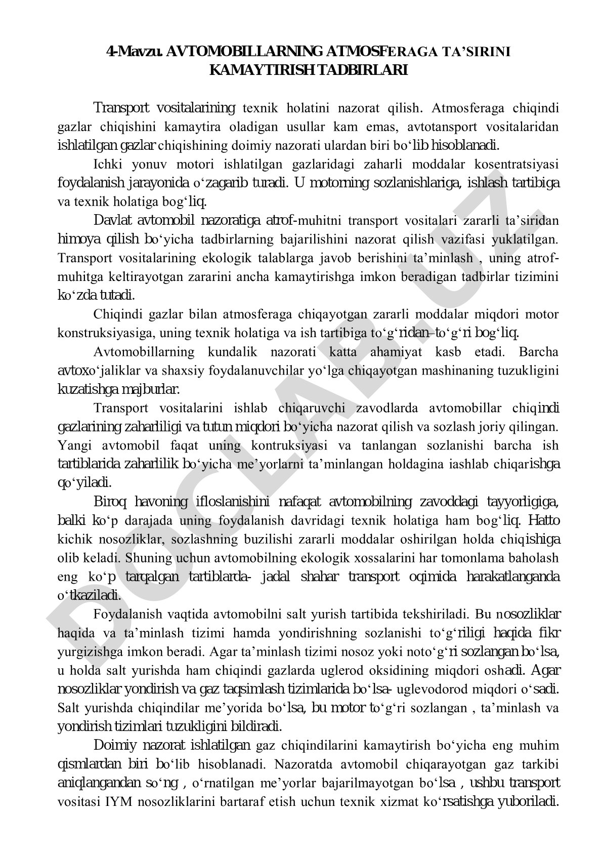 Avtomobillarning atmosferaga ta'sirini kamaytirish tadbirlari