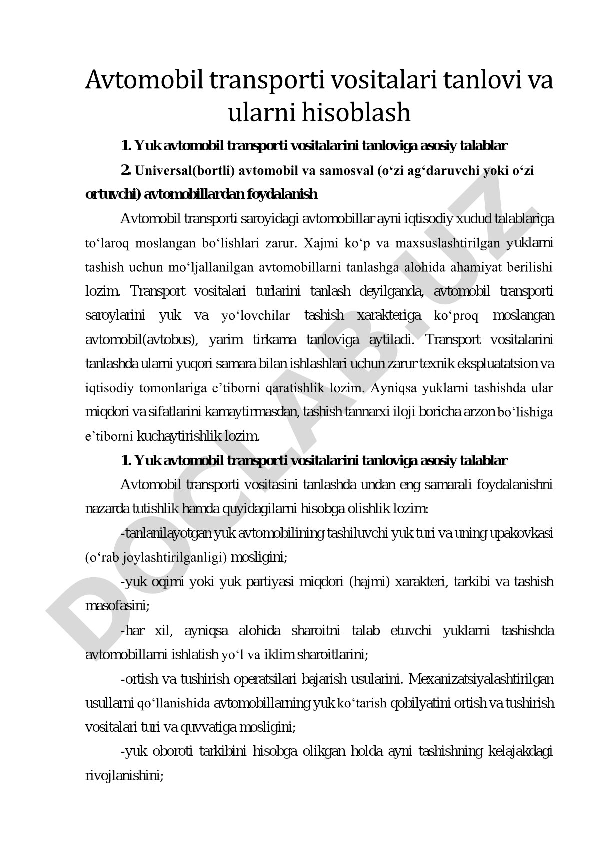 Avtomobil transporti vositalari tanlovi va ularni hisoblash