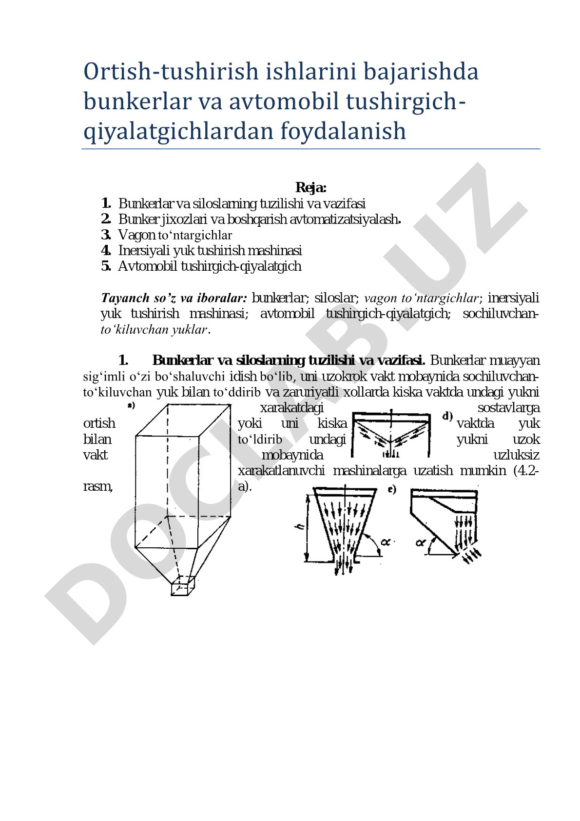 Ortish-tushirish ishlarini bajarishda bunkerlar va avtomobil tushirgich-qiyalatgichlardan foydalanish