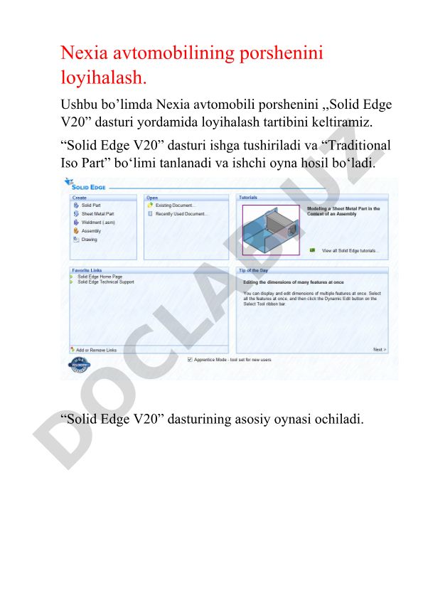 Nexia avtomobili porshenini Solid Edge V20 dasturida loyihalash