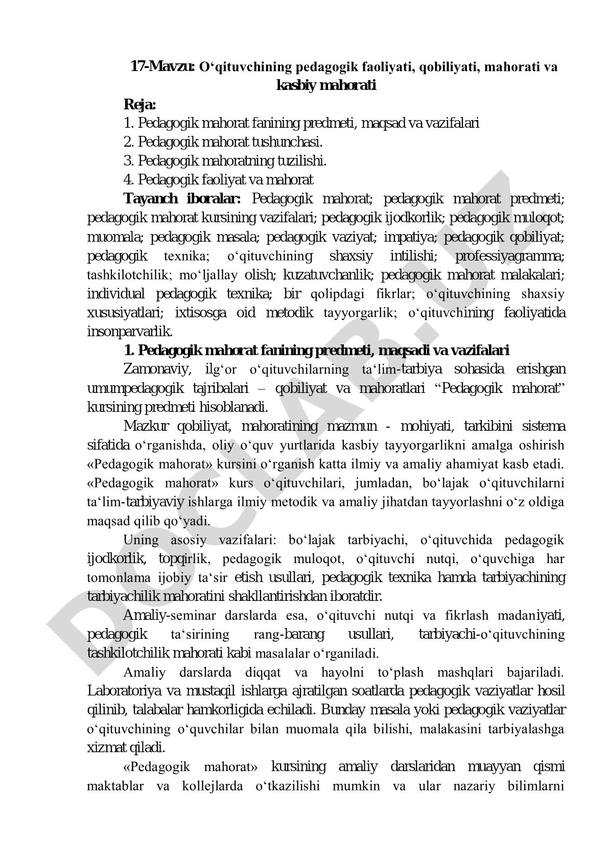 O'qituvchining pedagogik faoliyati, qobiliyati, mahorati va kasbiy mahorati