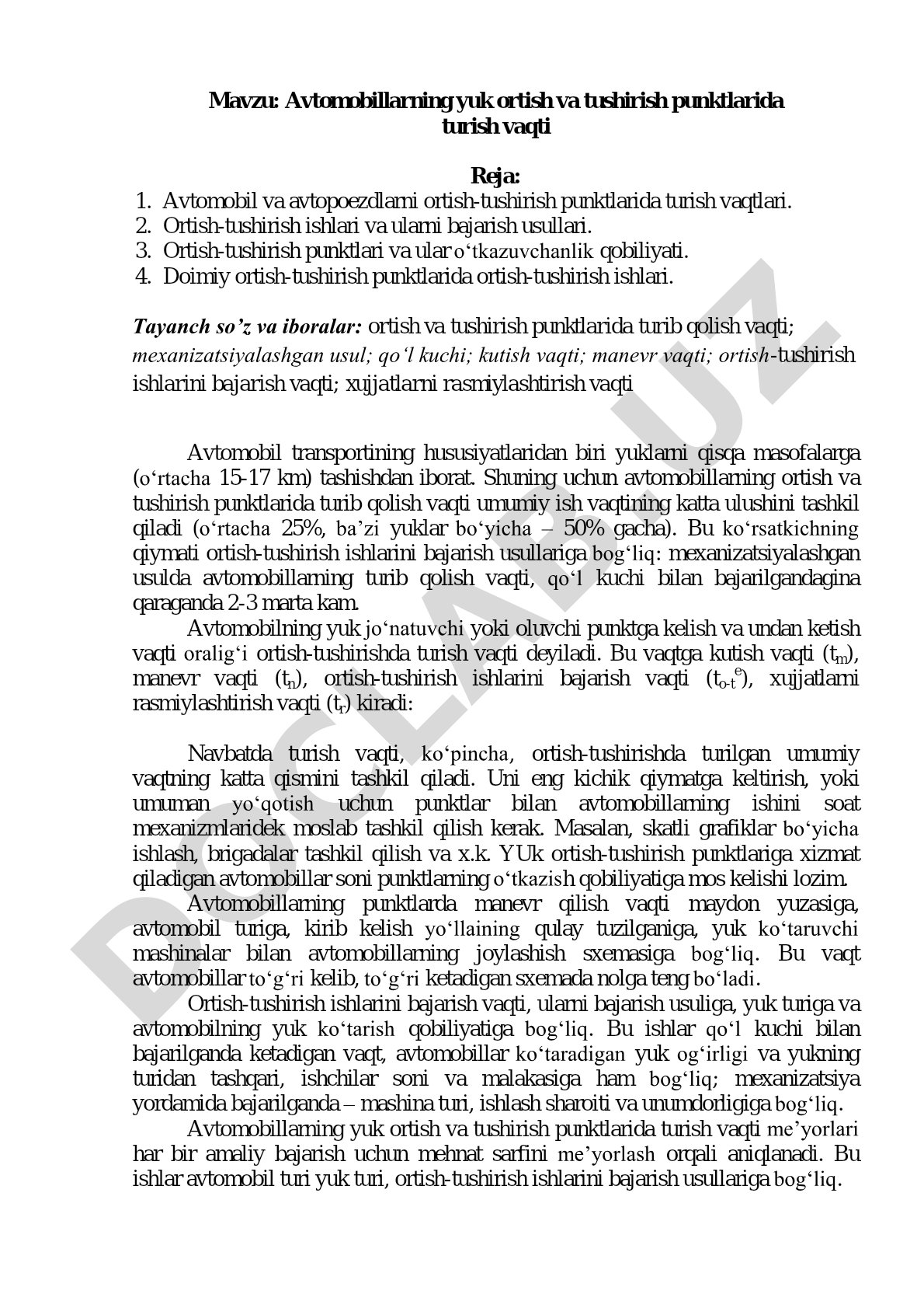 Avtomobillarning yuk ortish va tushirish punktlarida turish vaqti