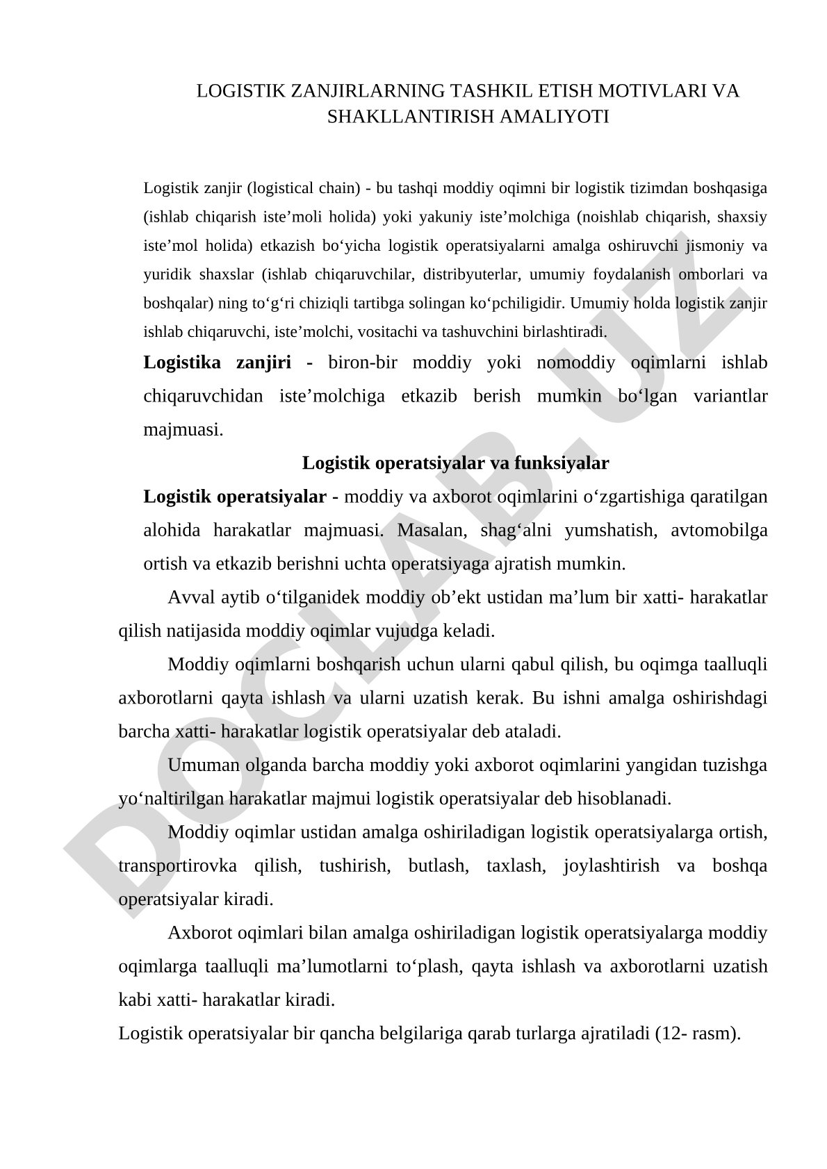 Logistik zanjirlarning tashkil etish motivlari va shakllantirish amaliyoti