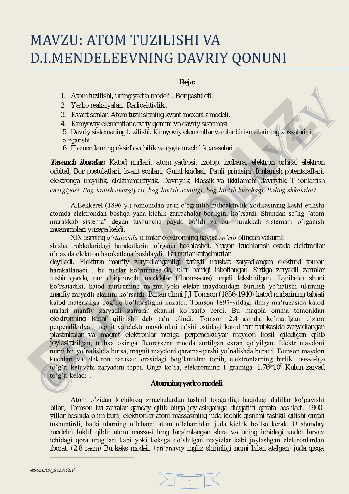 Atom tuzilishi va D.I.Mendeleevning davriy qonuni