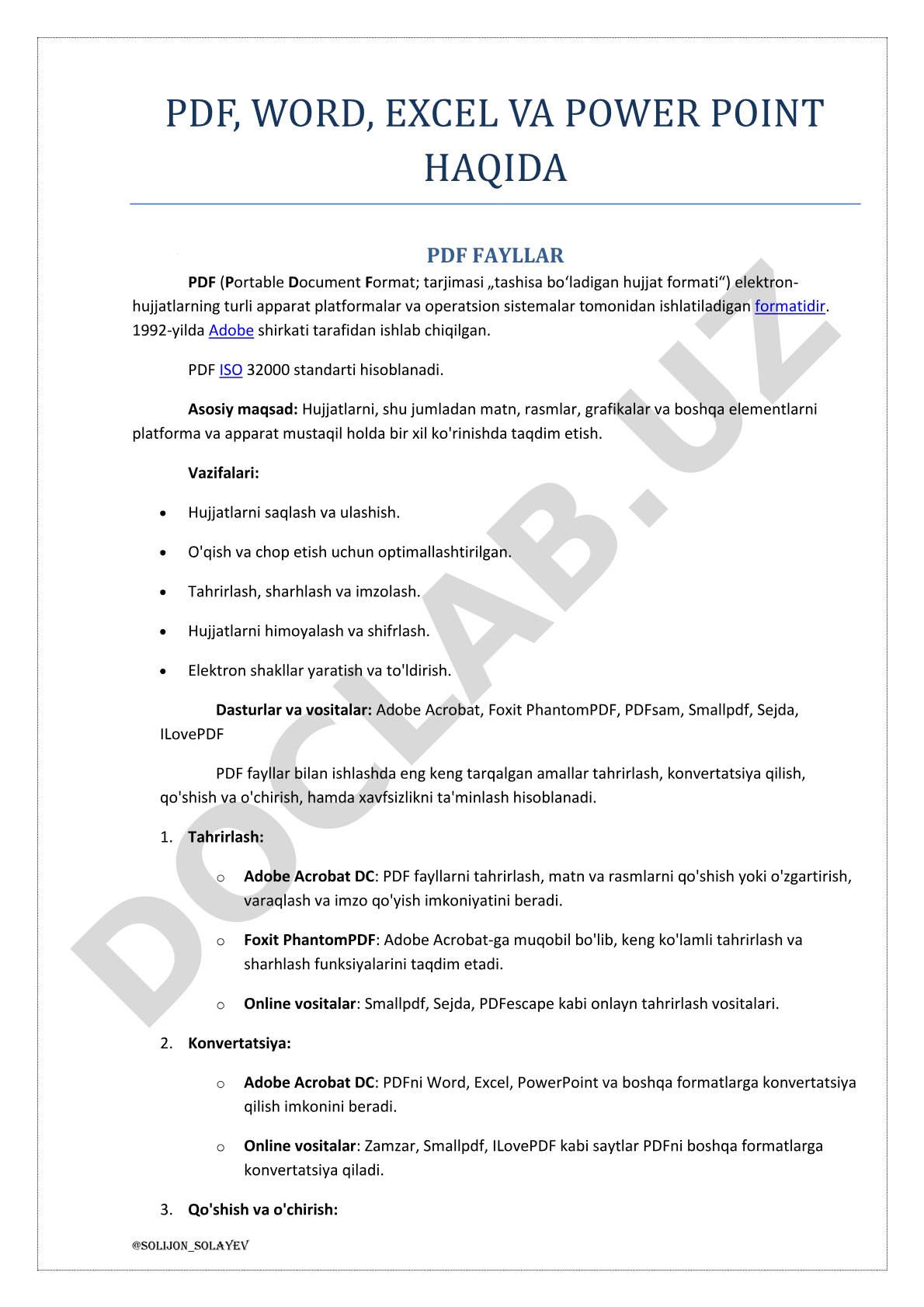 PDF, WORD, EXCEL VA POWER POINT HAQIDA