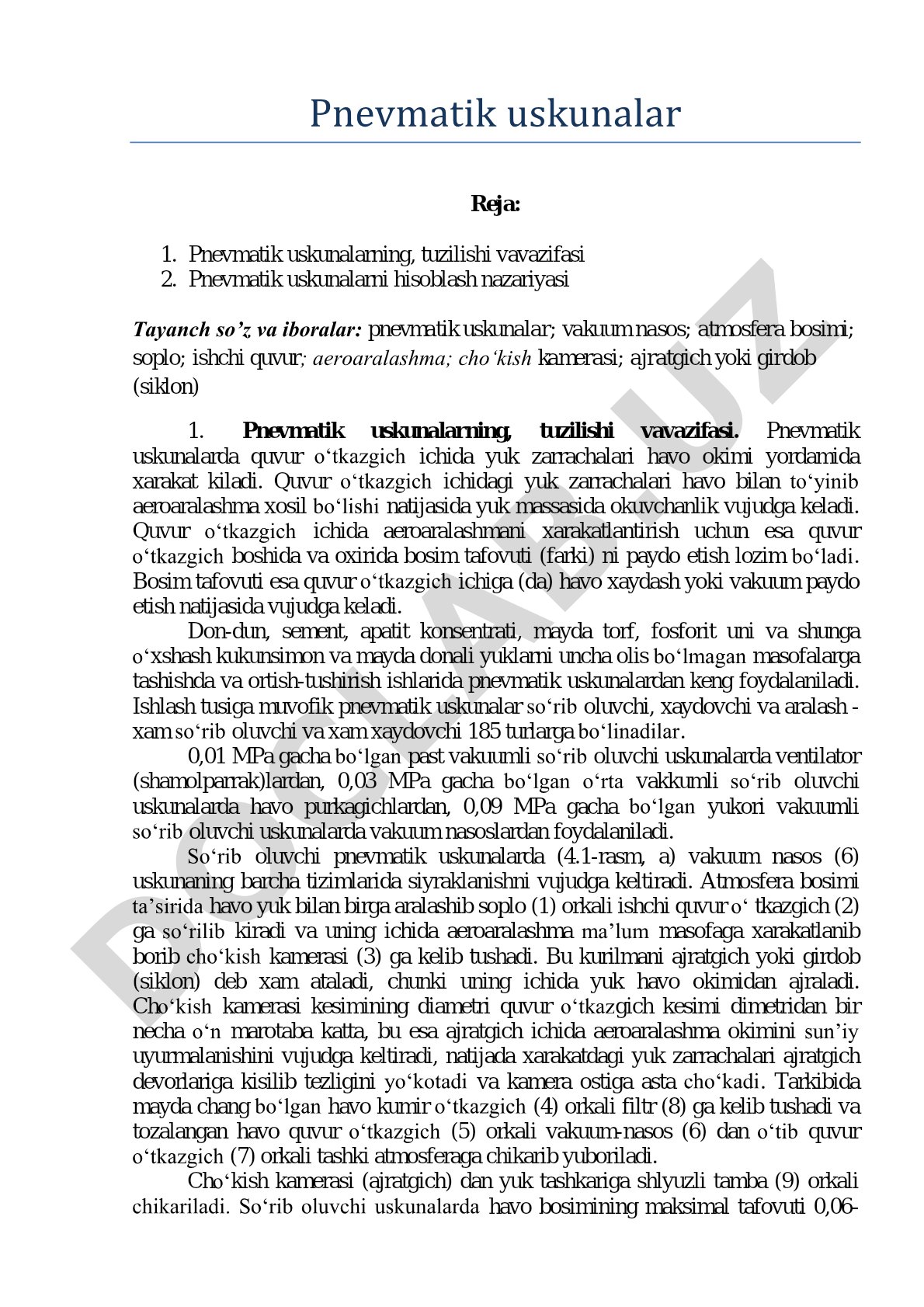 Pnevmatik uskunalarning tuzilishi va vazifasi