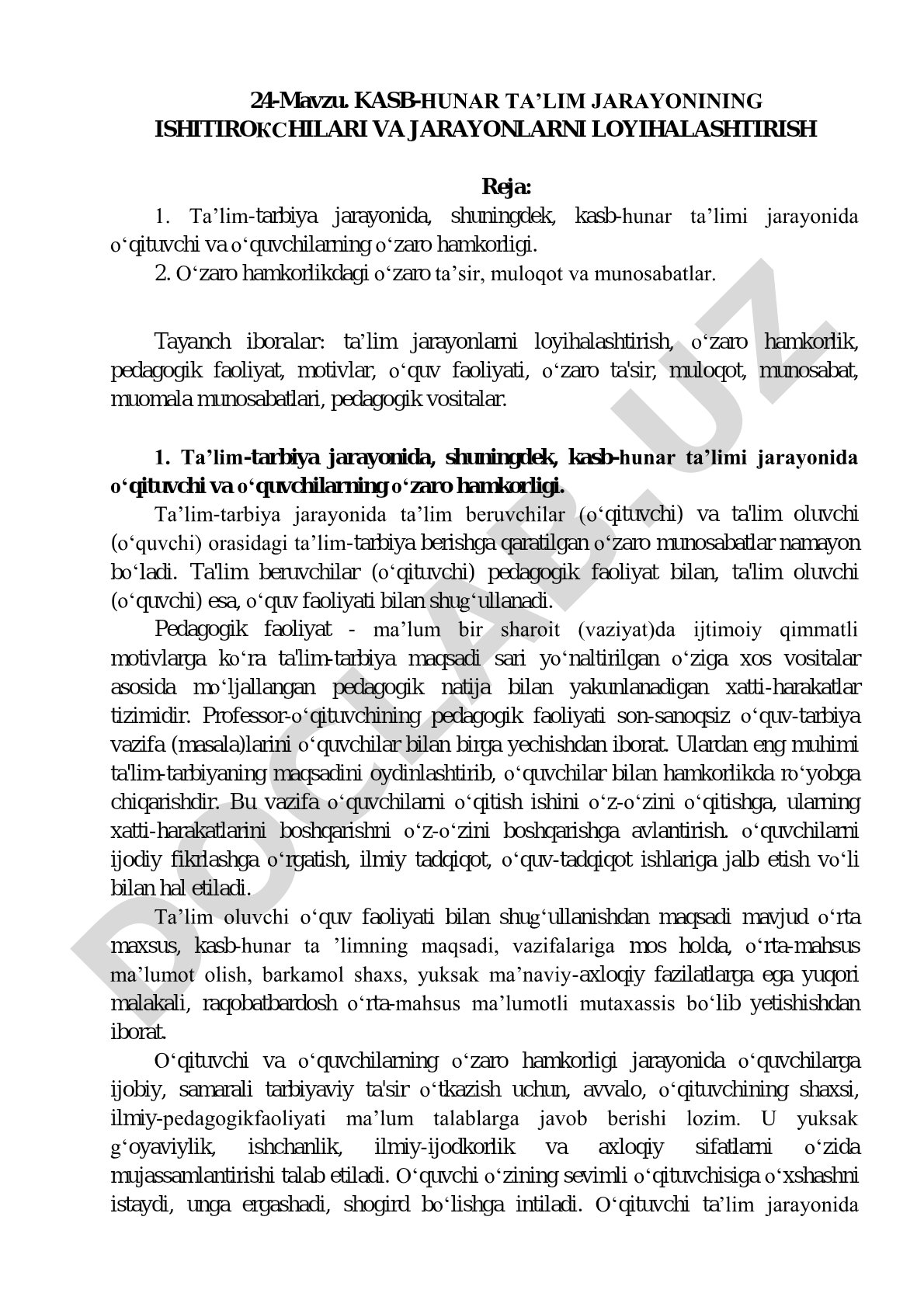 Kasb-hunar ta'lim jarayonining ishtirokchilari va jarayonlarni loyihalashtirish