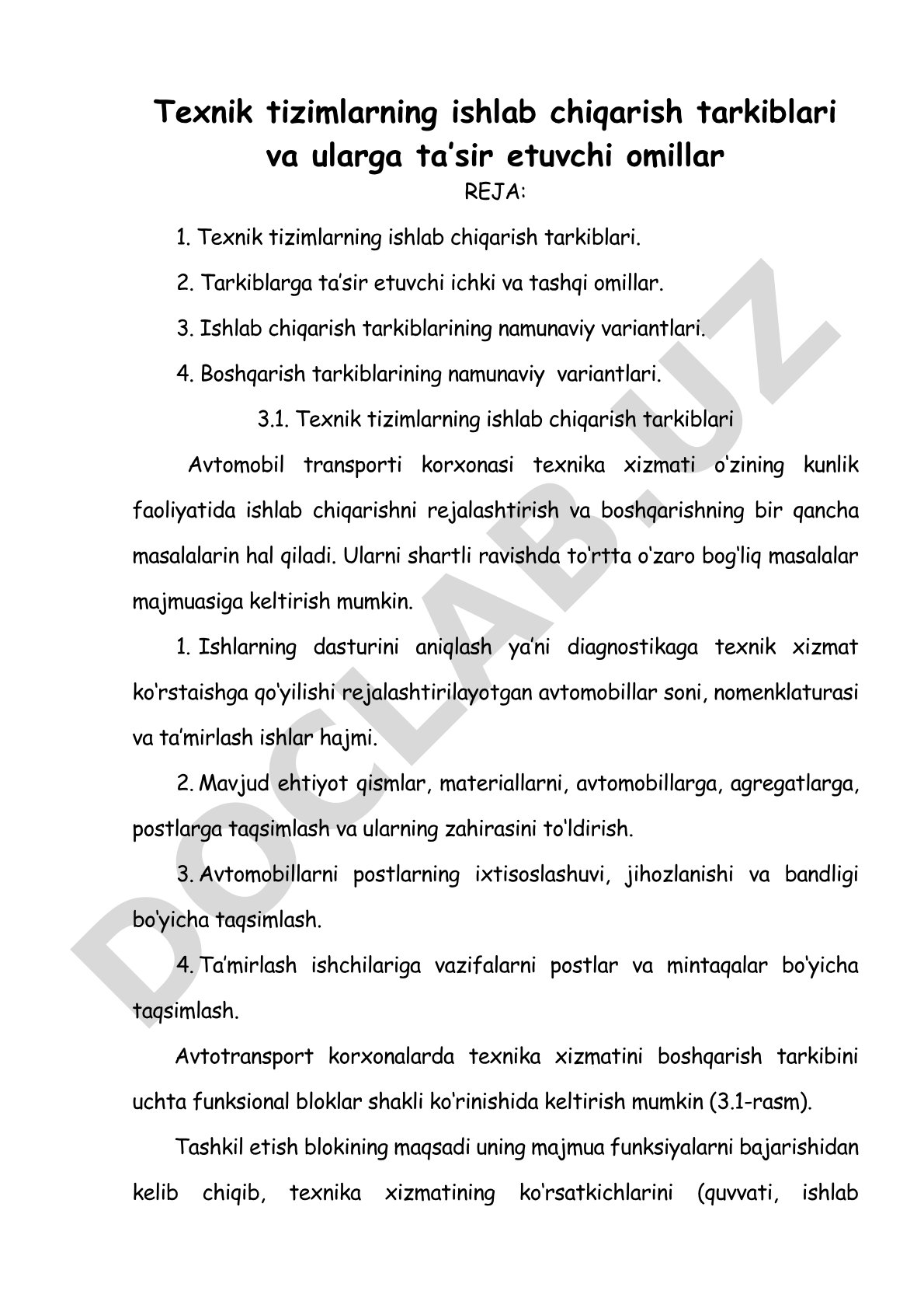 Texnik tizimlarning ishlab chiqarish tarkiblari va ularga ta'sir etuvchi omillar