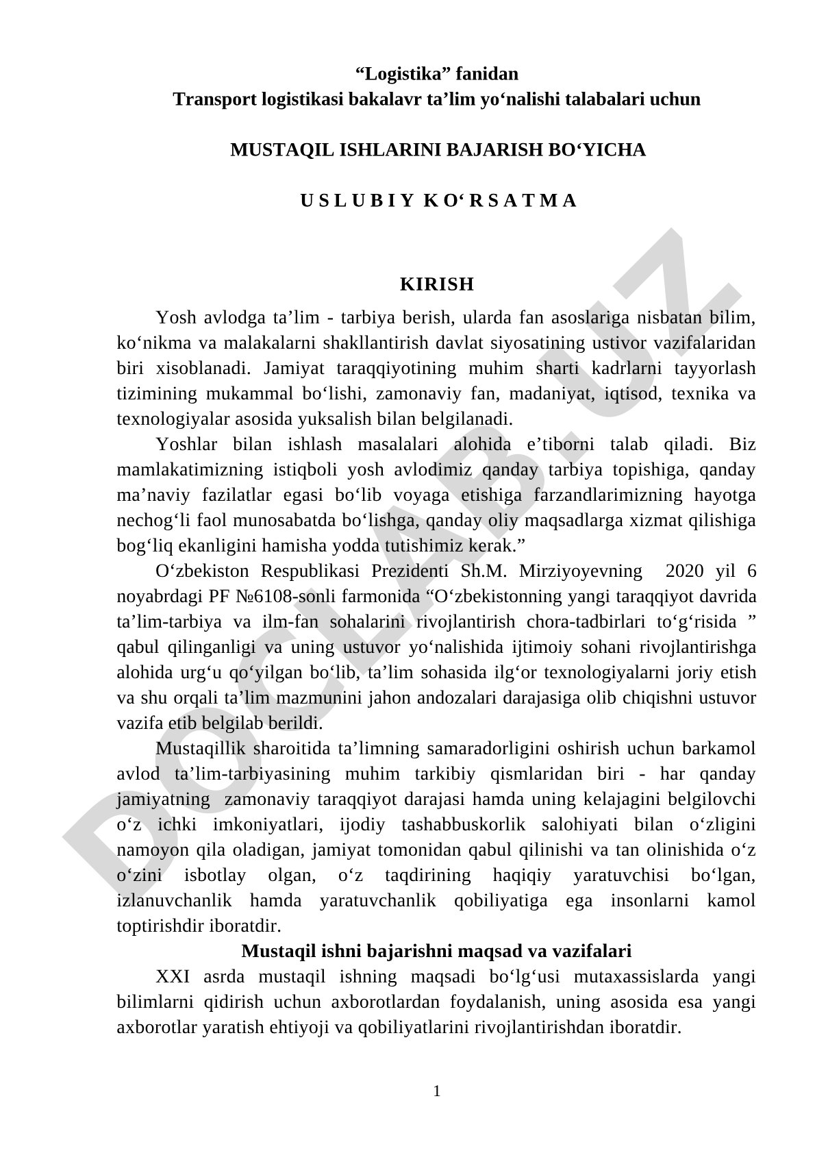 Transport logistikasi fanidan mustaqil ishlarni bajarish bo'yicha uslubiy ko'rsatma