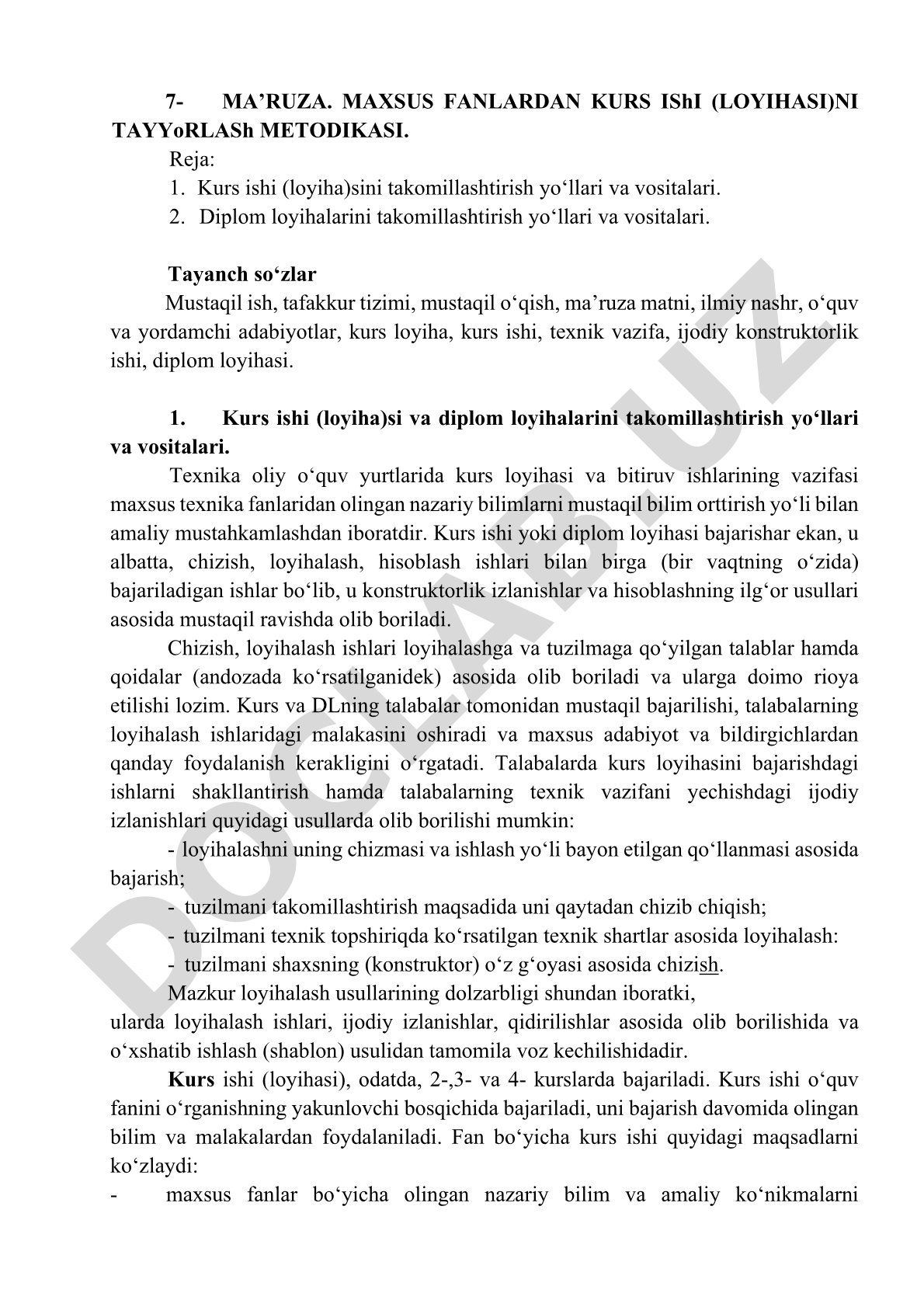 Maxsus fanlardan kurs ishi (loyihasi)ni tayyorlash metodikasi