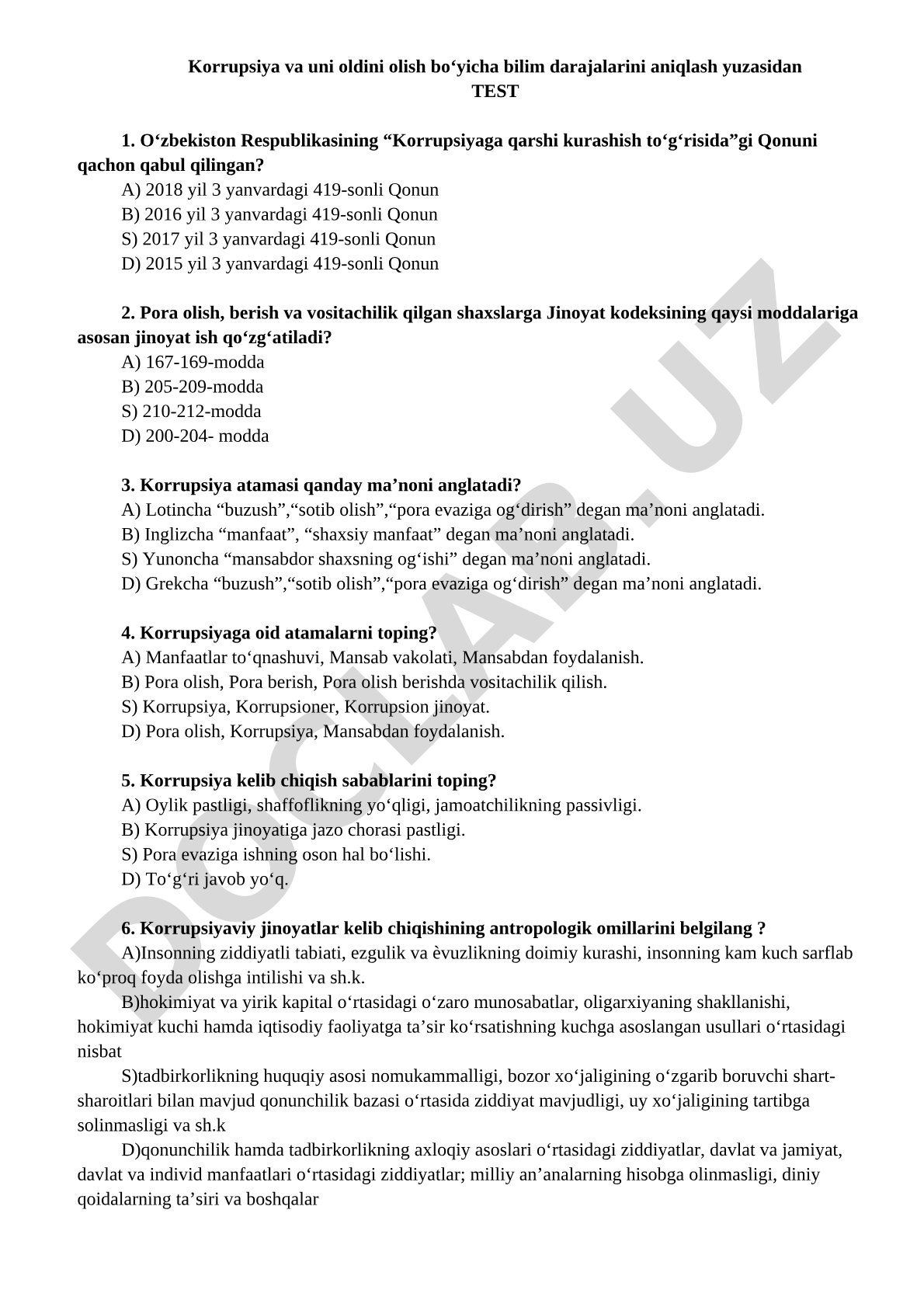 Korrupsiya va uni oldini olish bo'yicha bilim darajalarini aniqlash testi