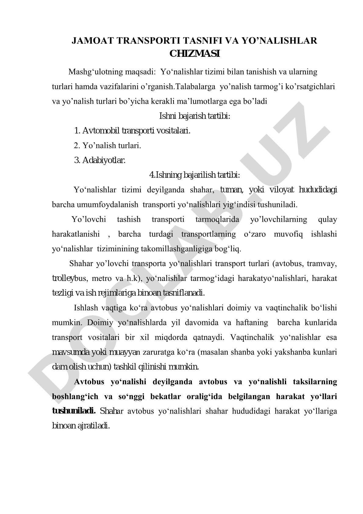 Jamoat transporti tasnifi va yo'nalishlar chizmasi