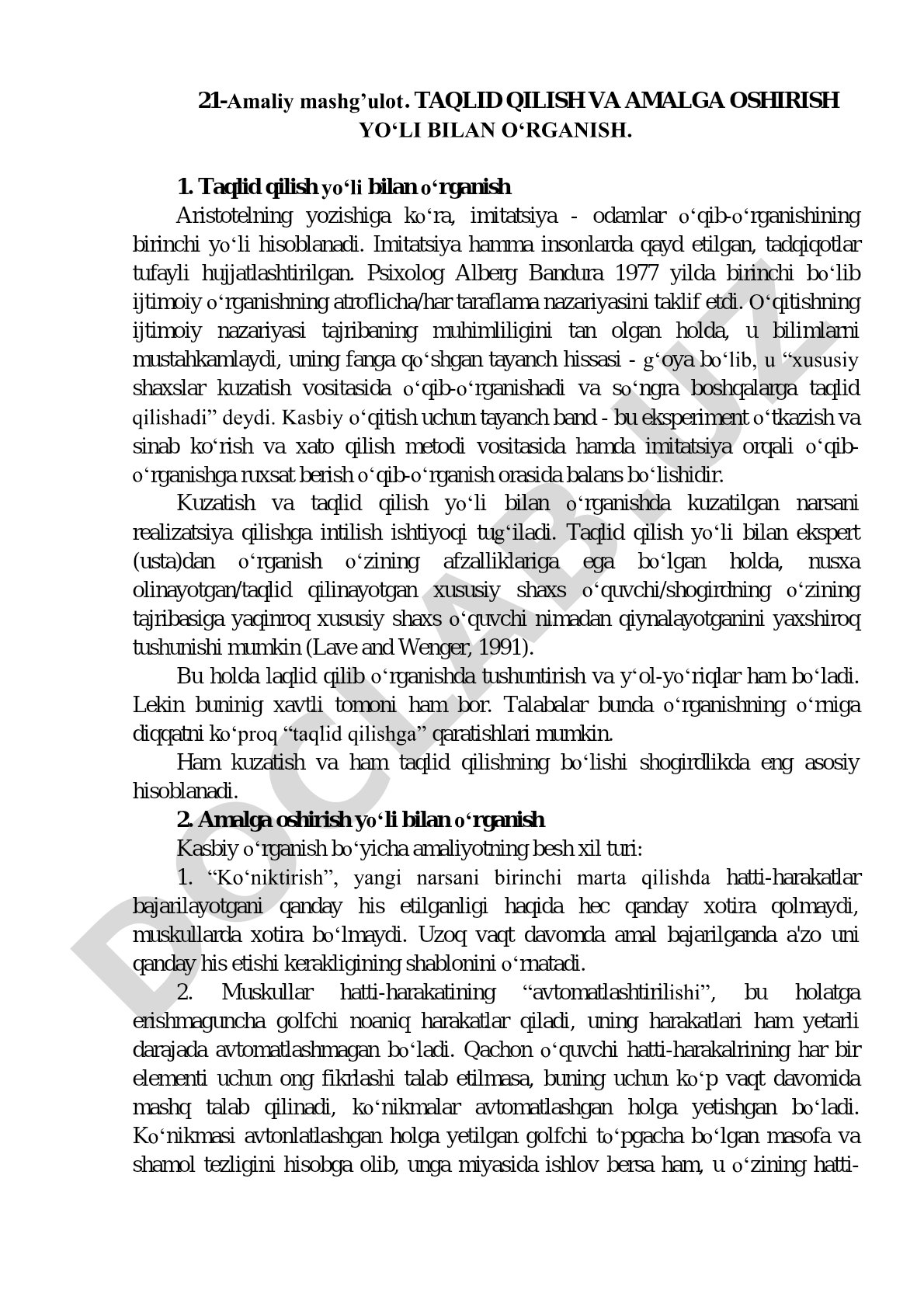 Taqlid qilish va amalga oshirish yo'li bilan o'rganish