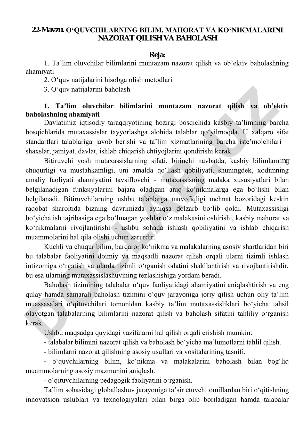 O'quvchilarning bilim, mahorat va ko'nikmalarini nazorat qilish va baholash