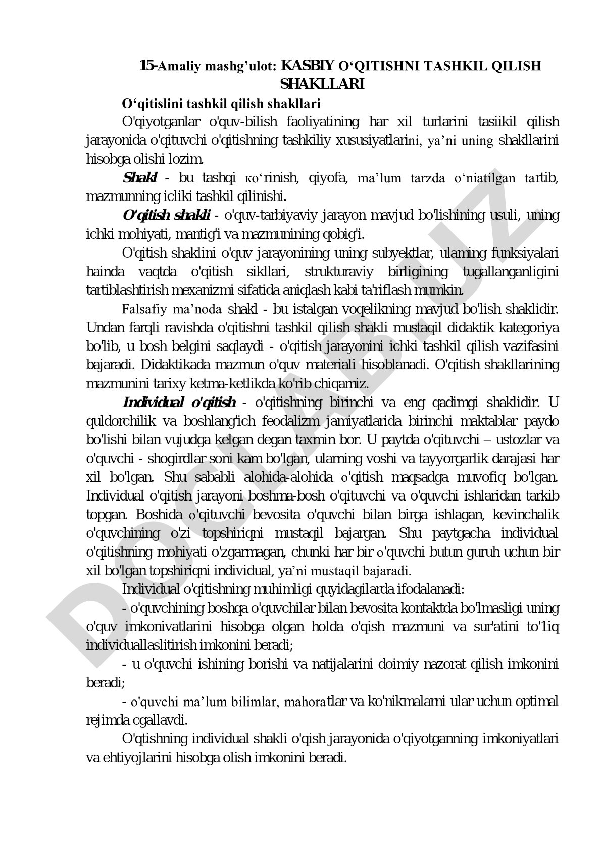 Kasbiy o'qitishni tashkil qilish shakllari