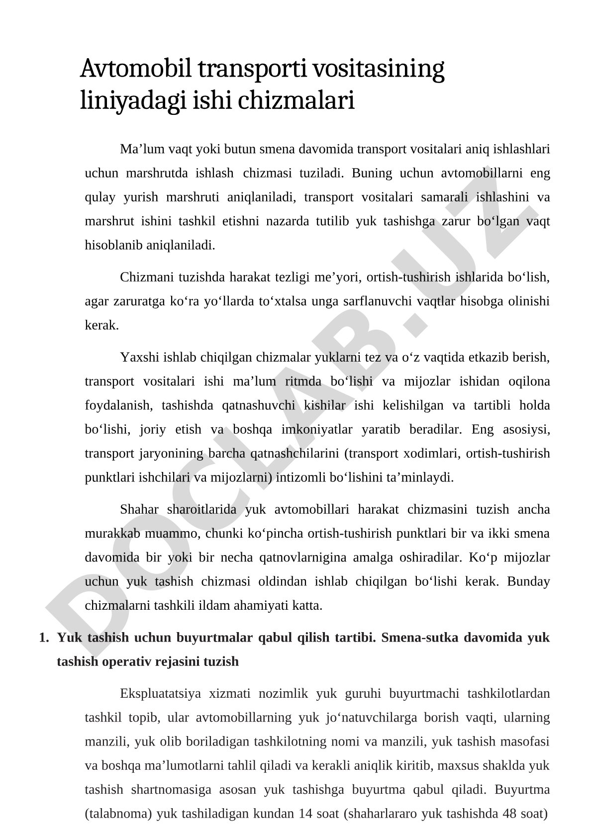 Avtomobil transporti vositasining liniyadagi ishi chizmalari