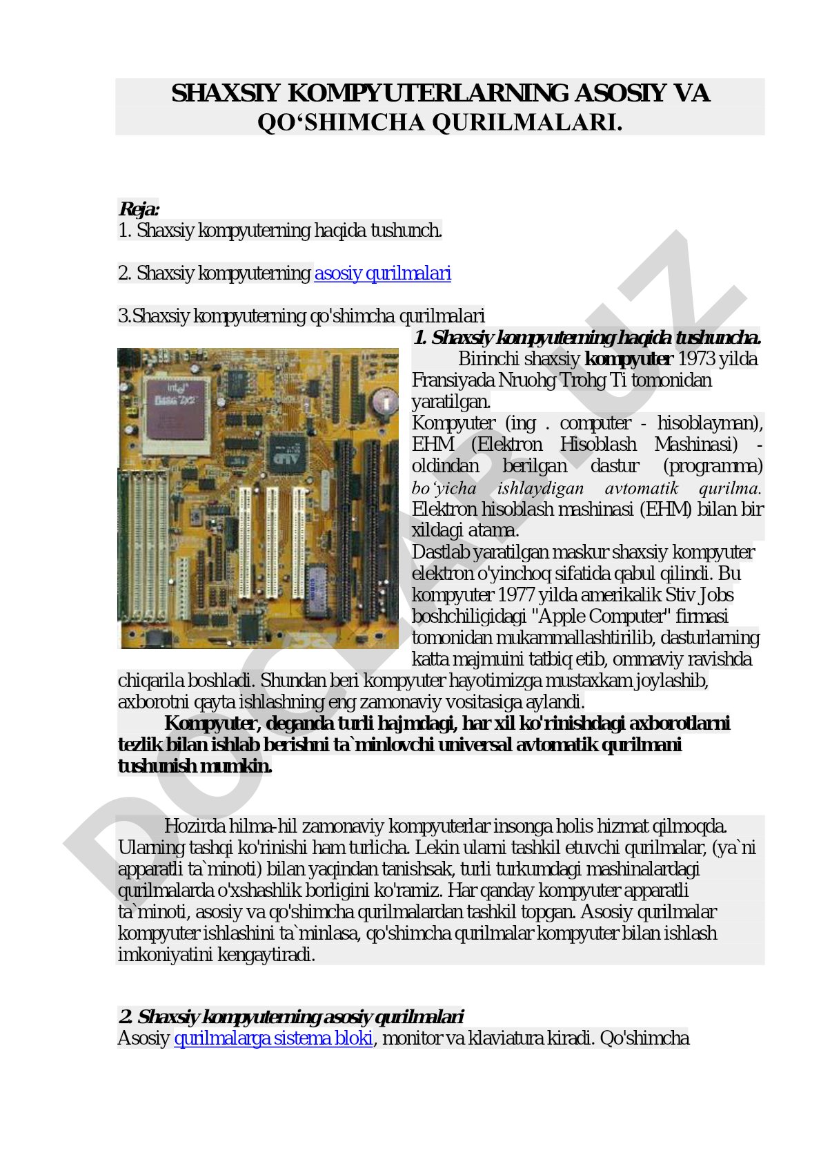 Shaxsiy kompyuterlarning asosiy va qo‘shimcha qurilmalari
