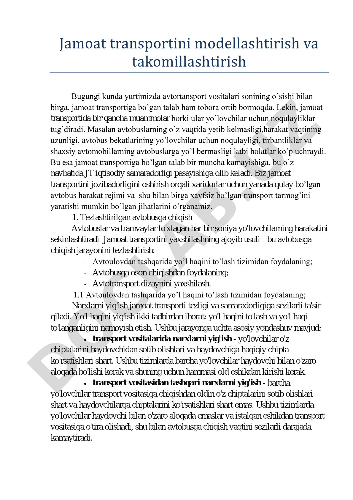 Jamoat transportini modellashtirish va takomillashtirish