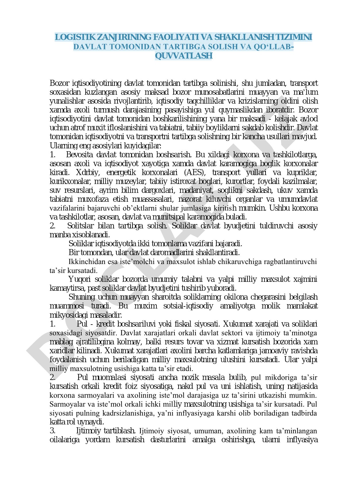 Logistik zanjirining faoliyati va shakllanish tizimini davlat tomonidan tartibga solish va qo'llab-quvvatlash