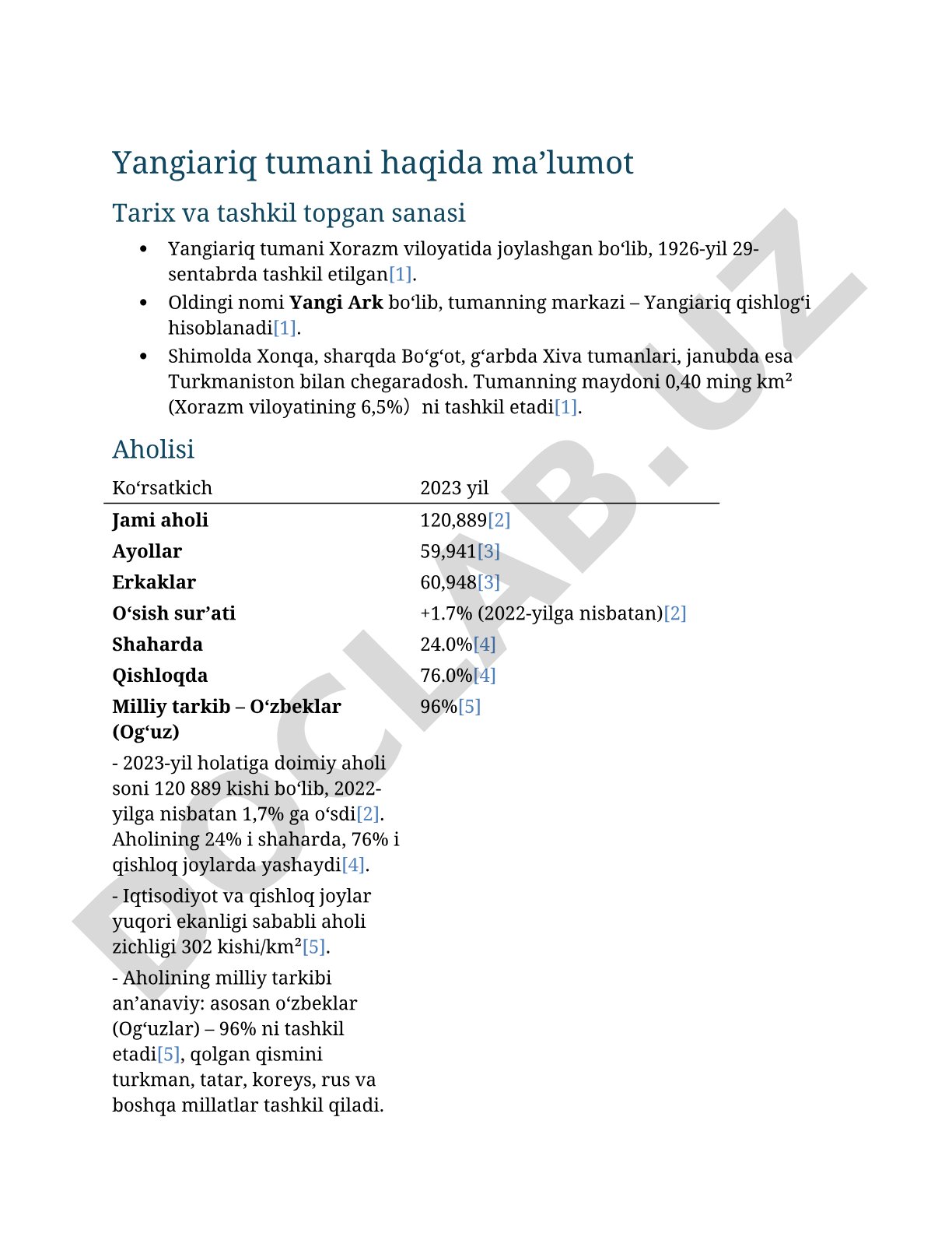 Yangiariq tumani haqida ma'lumot