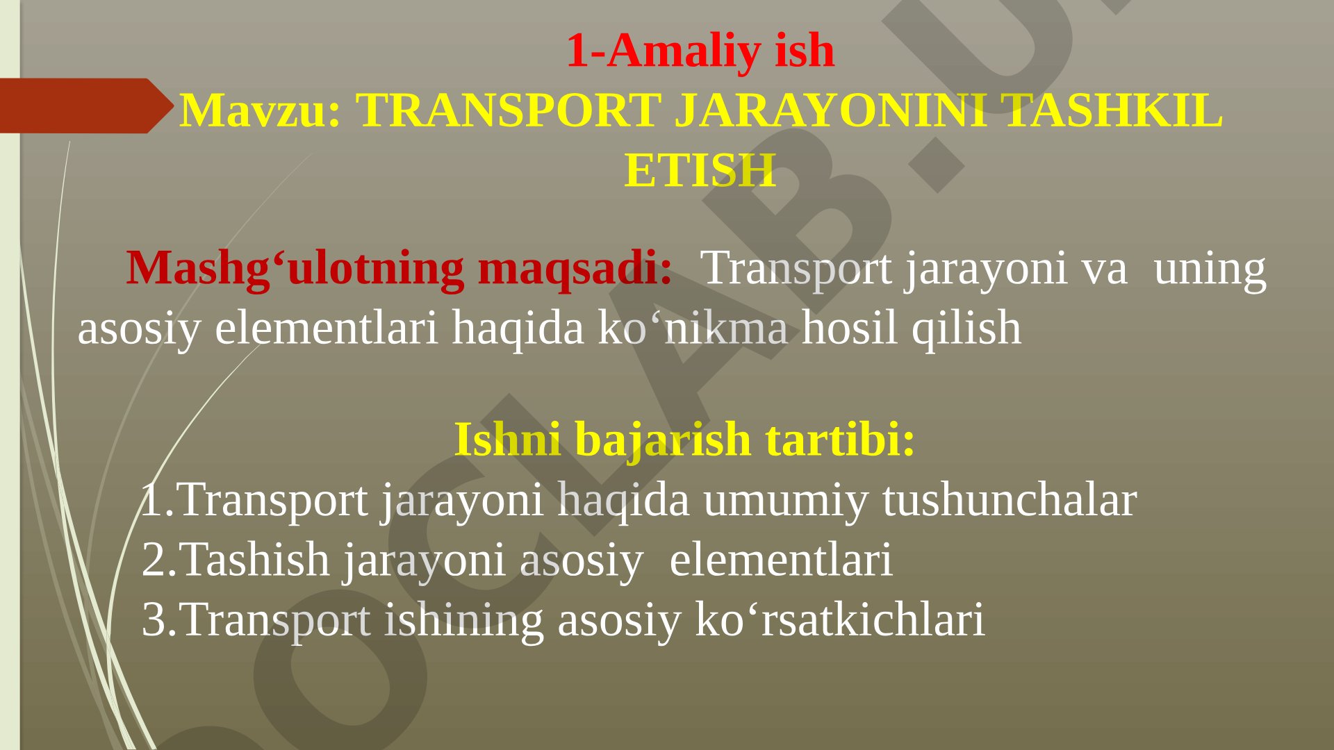 Transport jarayonini tashkil etish