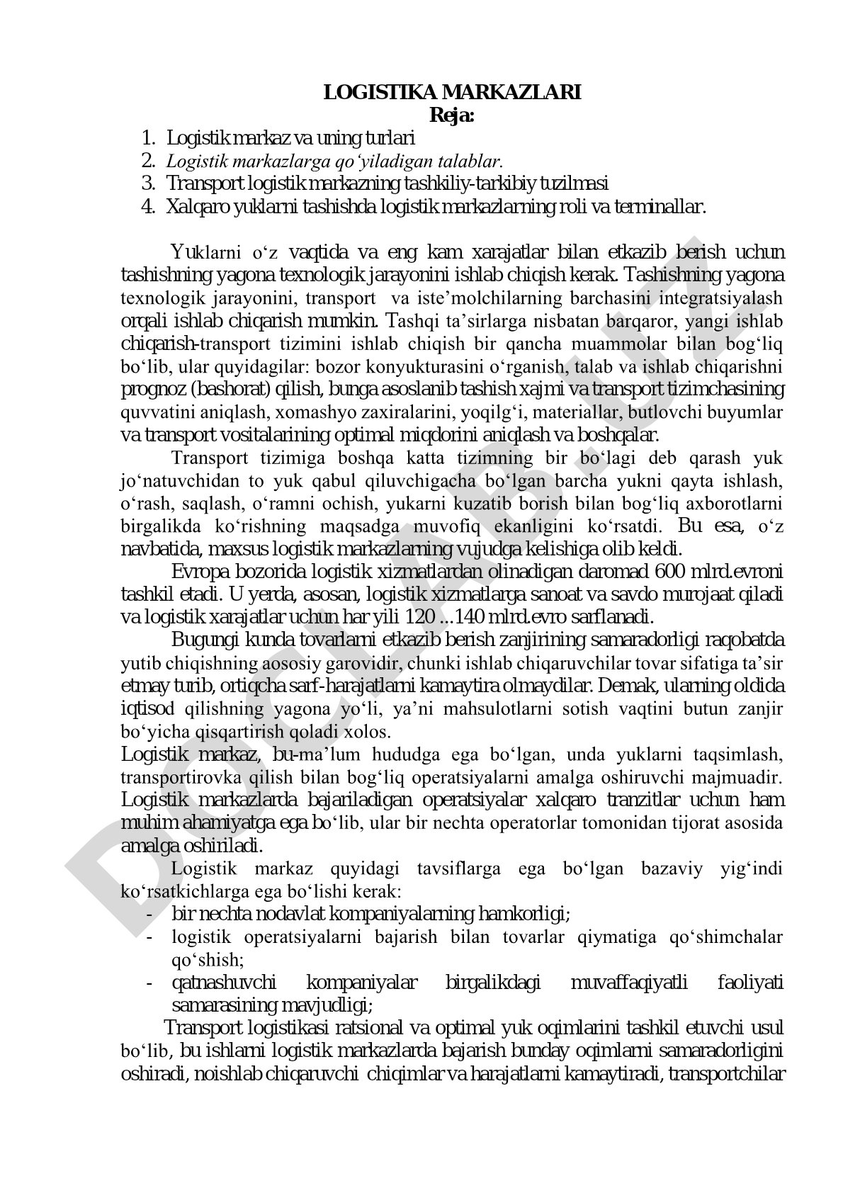 Logistika markazlari va ularning turlari