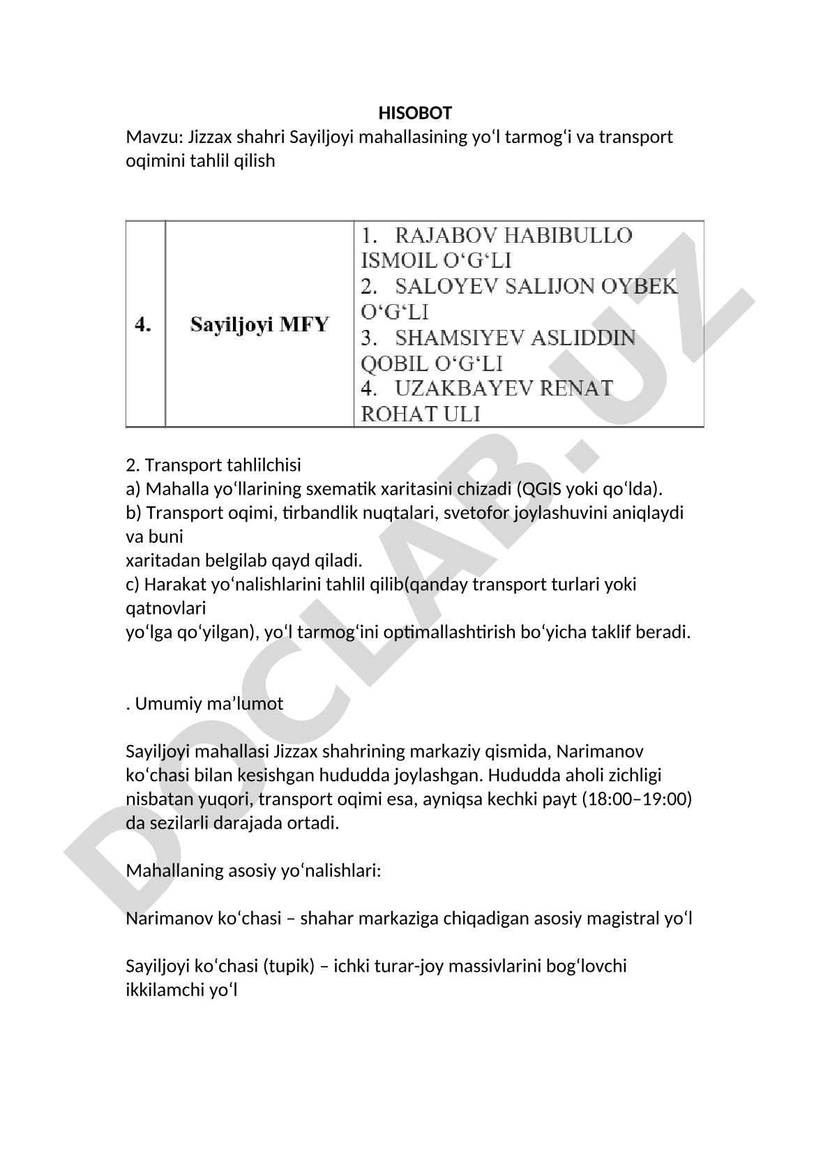 Jizzax shahri Sayiljoyi mahallasining yo‘l tarmog‘i va transport oqimini tahlil qilish