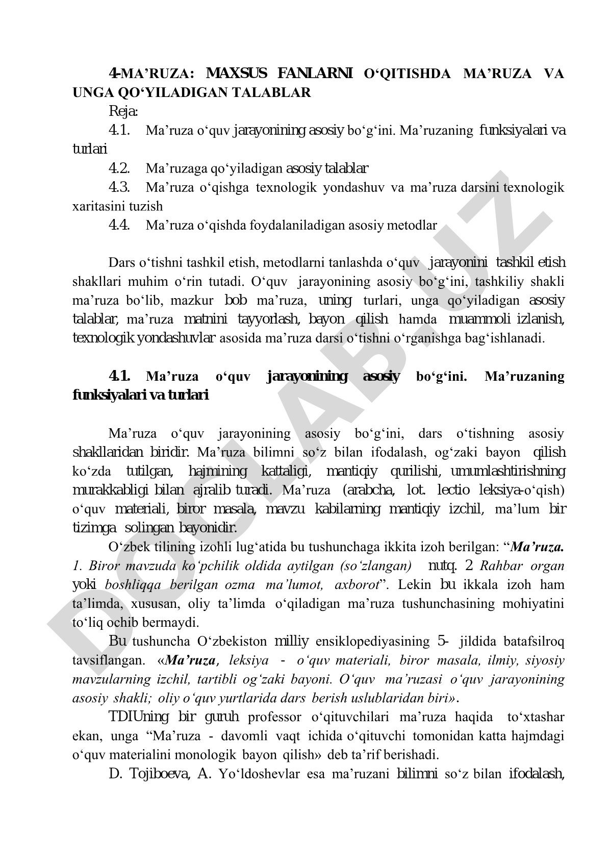 Maxsus fanlarni o‘qitishda ma’ruza va unga qo‘yiladigan talablar