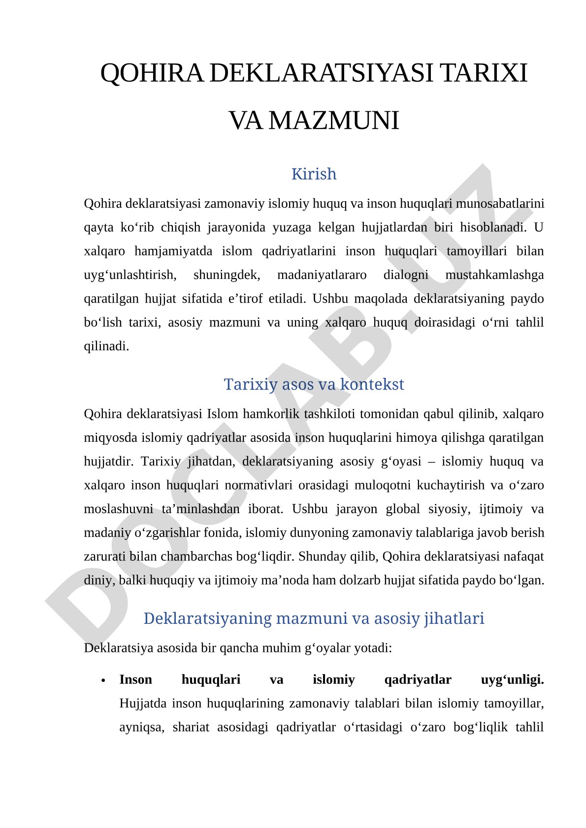 Qohira deklaratsiyasi tarixi va mazmuni