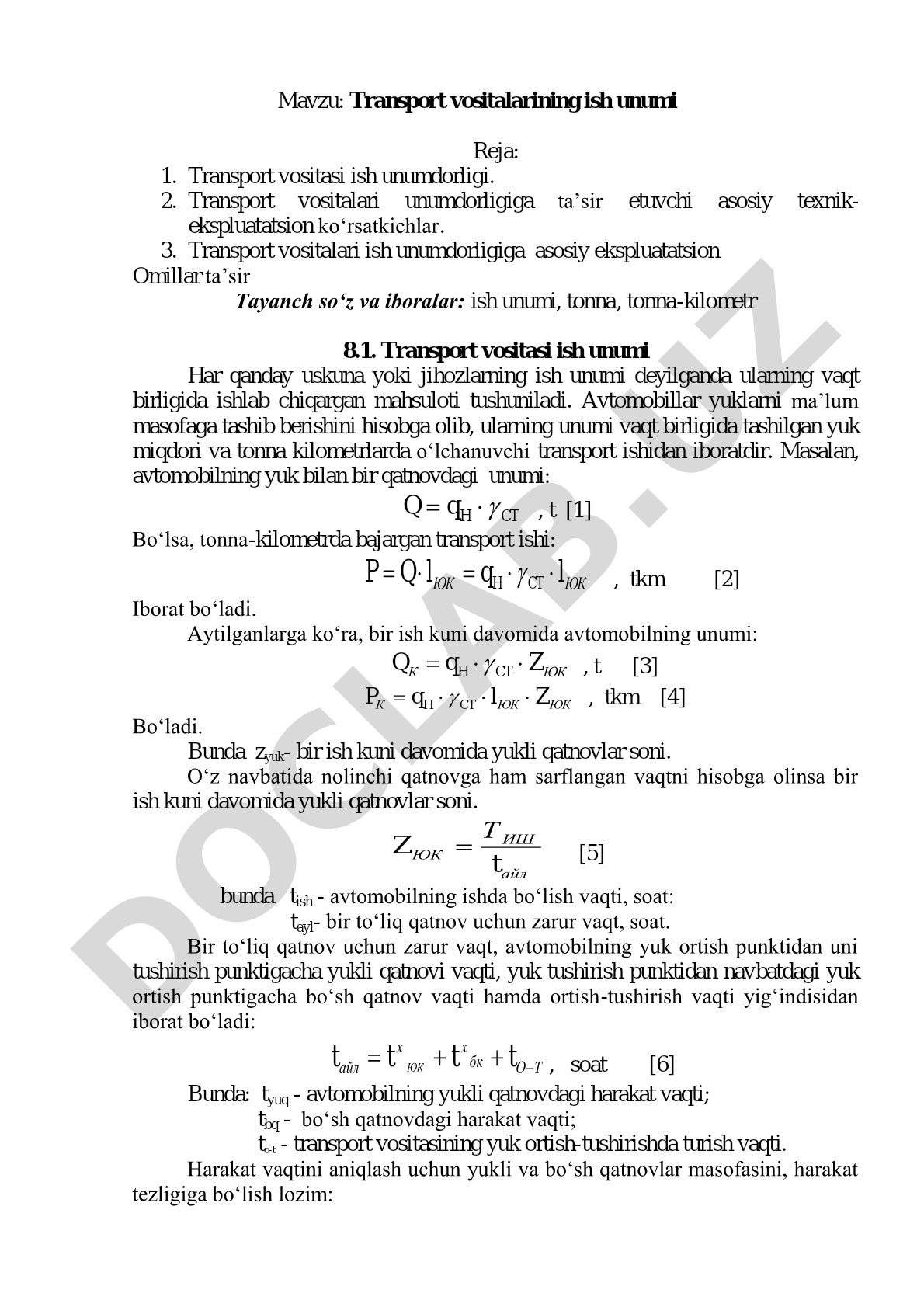 Transport vositalarining ish unumi