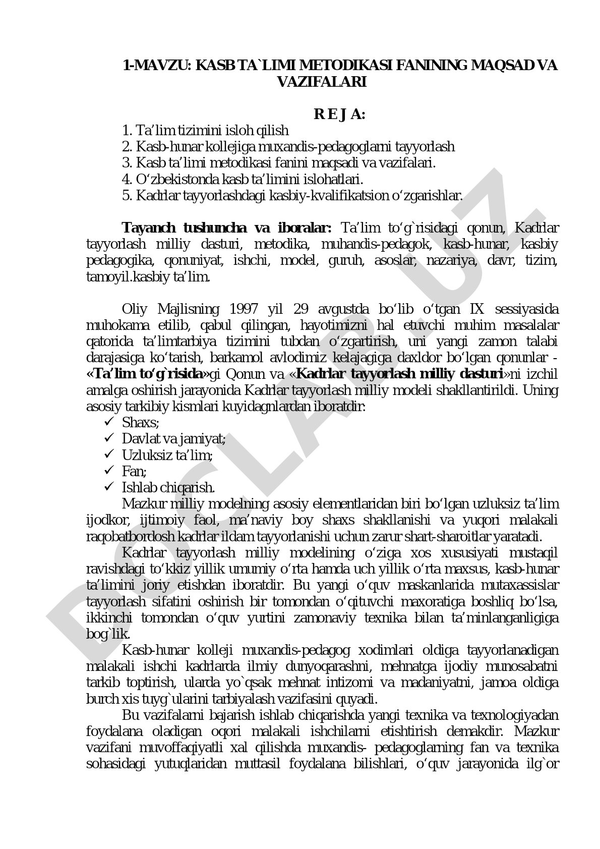 Kasb ta'limi metodikasi fanining maqsad va vazifalari