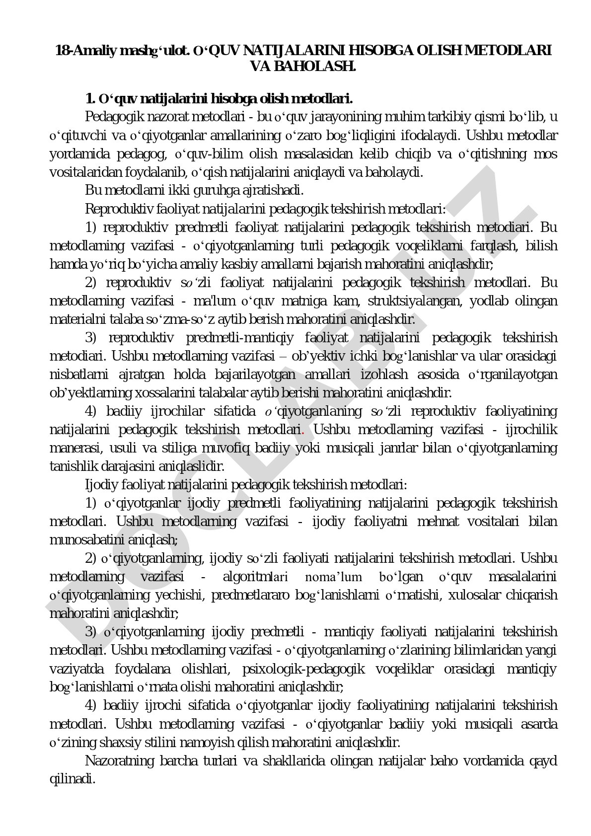 O'quv natijalarini hisobga olish metodlari va baholash
