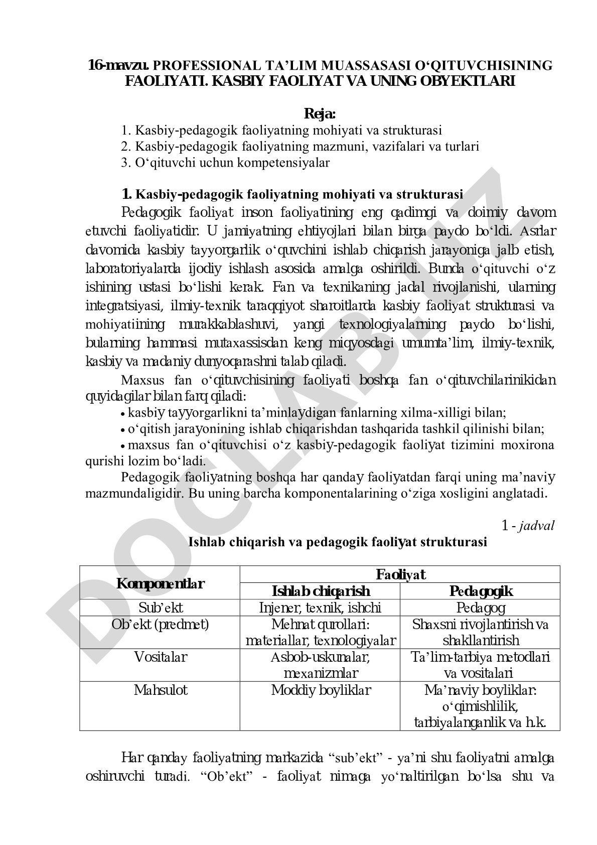 Professional ta'lim muassasasi o'qituvchisining faoliyati. Kasbiy faoliyat va uning obyektlari