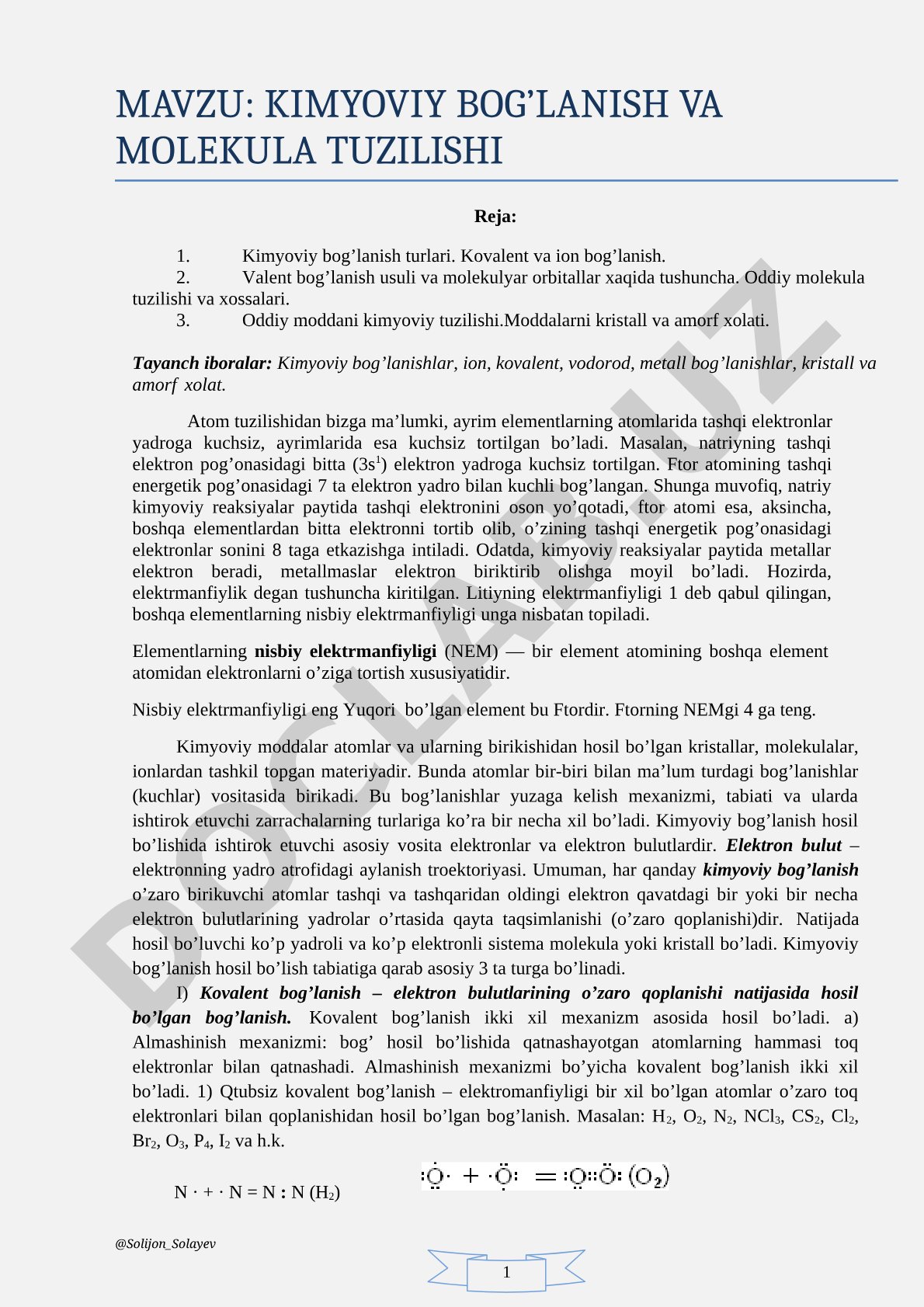 Kimyoviy bog'lanish va molekula tuzilishi