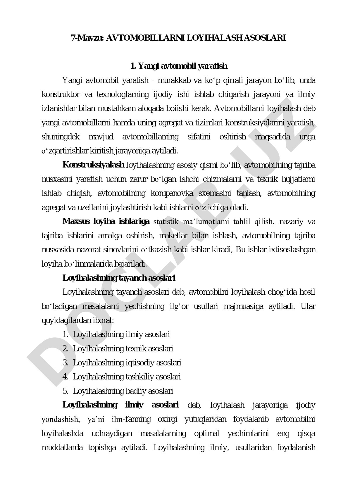 Avtomobillarni loyihalash asoslari