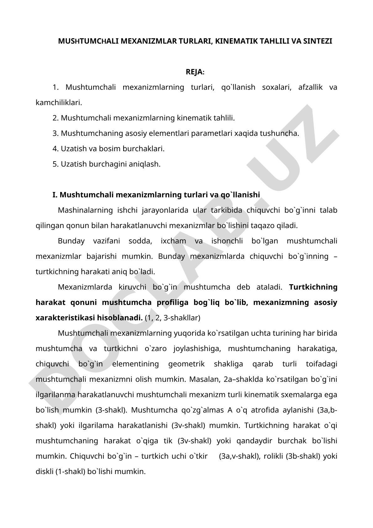 Mushtumchali mexanizmlar turlari, kinematik tahlili va sintezi